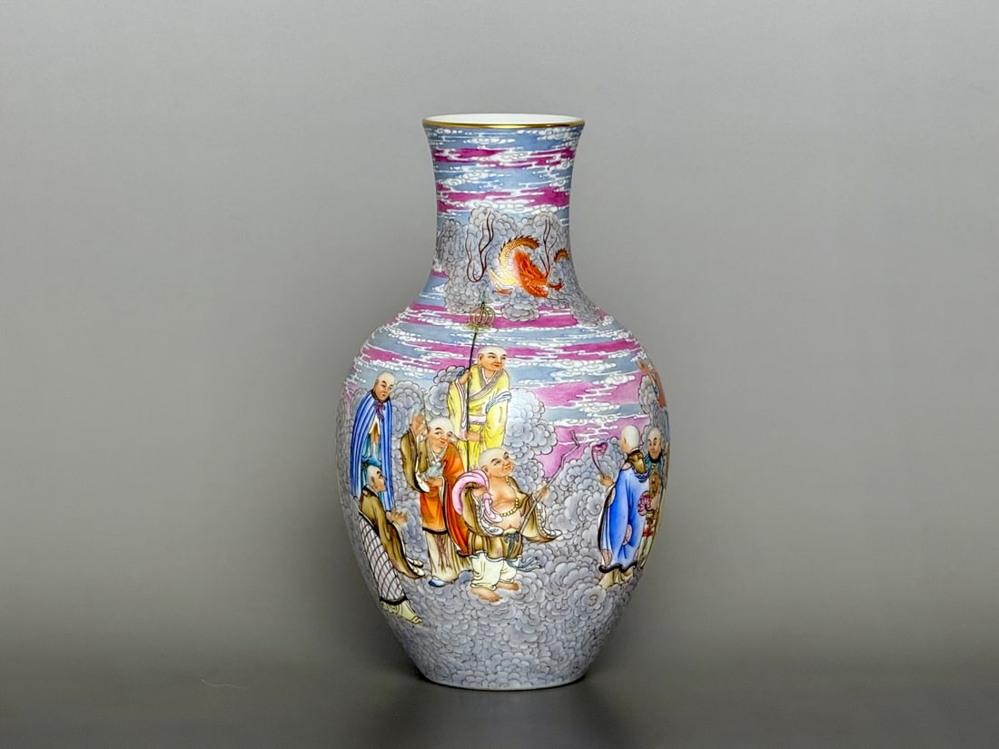 An Exquisite Famille-Rose Painted Gold Auspicious Cloud,Figure and Dragon Pattern Vase: An Exquisite Famille-Rose Painted Gold Auspicious Cloud,Figure and Dragon Pattern Vase,Qing Dynasty,China,Qianlong Six-character Mark,Size:8inx4.6inx2.2in粉彩描金祥ߛ