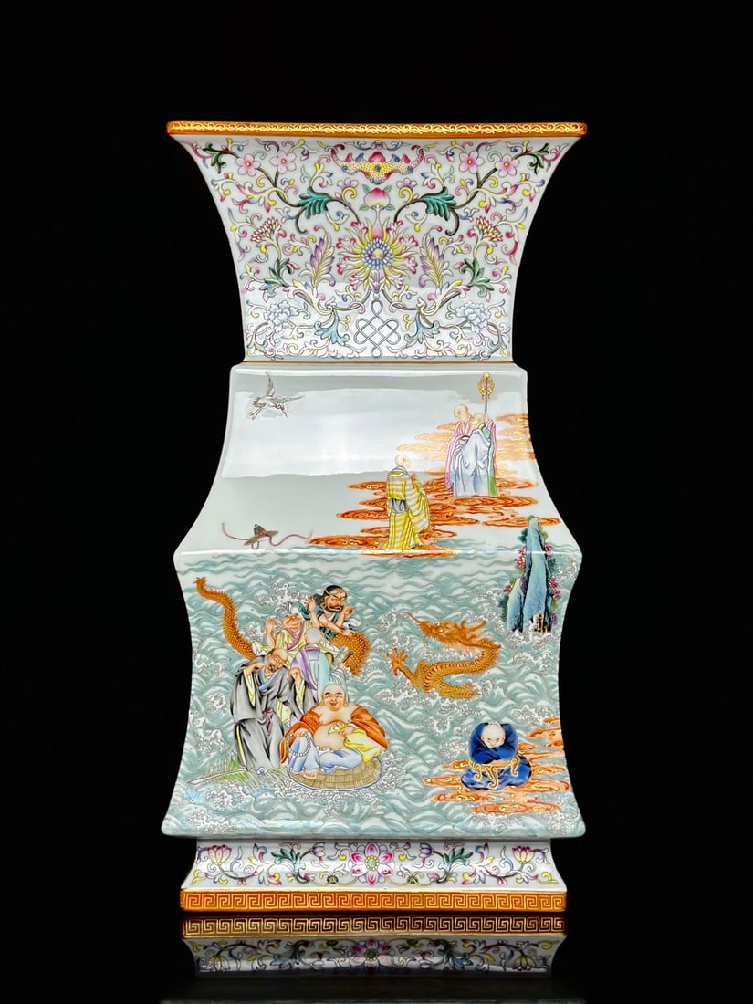A Rare Famille-Rose Painted Gold Seawater Figure Pattern Vase: A Rare Famille-Rose Painted Gold Seawater Figure Pattern Vase,Qing Dynasty,China,Qianlong Six-character Mark,Size:15.6inx8.4inx7.7in粉彩描金海水人物 