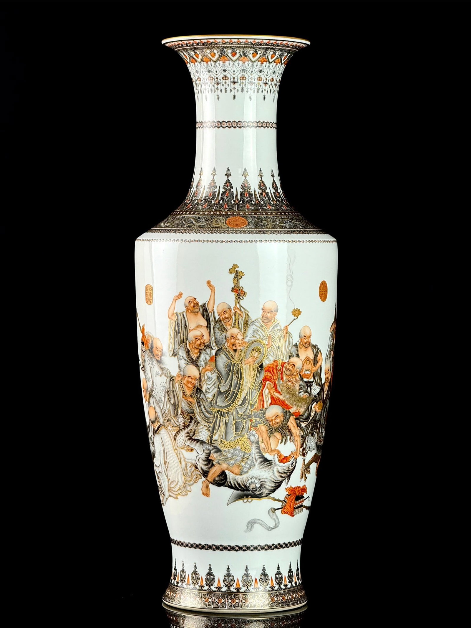 A Huge Ink Color Famille-Rose Painted Gold Statue of Arhat Pattern Vase,With Poem: A Huge Ink Color Famille-Rose Painted Gold Statue of Arhat Pattern Vase,With Poem,Qing Dynasty,China,Qianlong Six-character