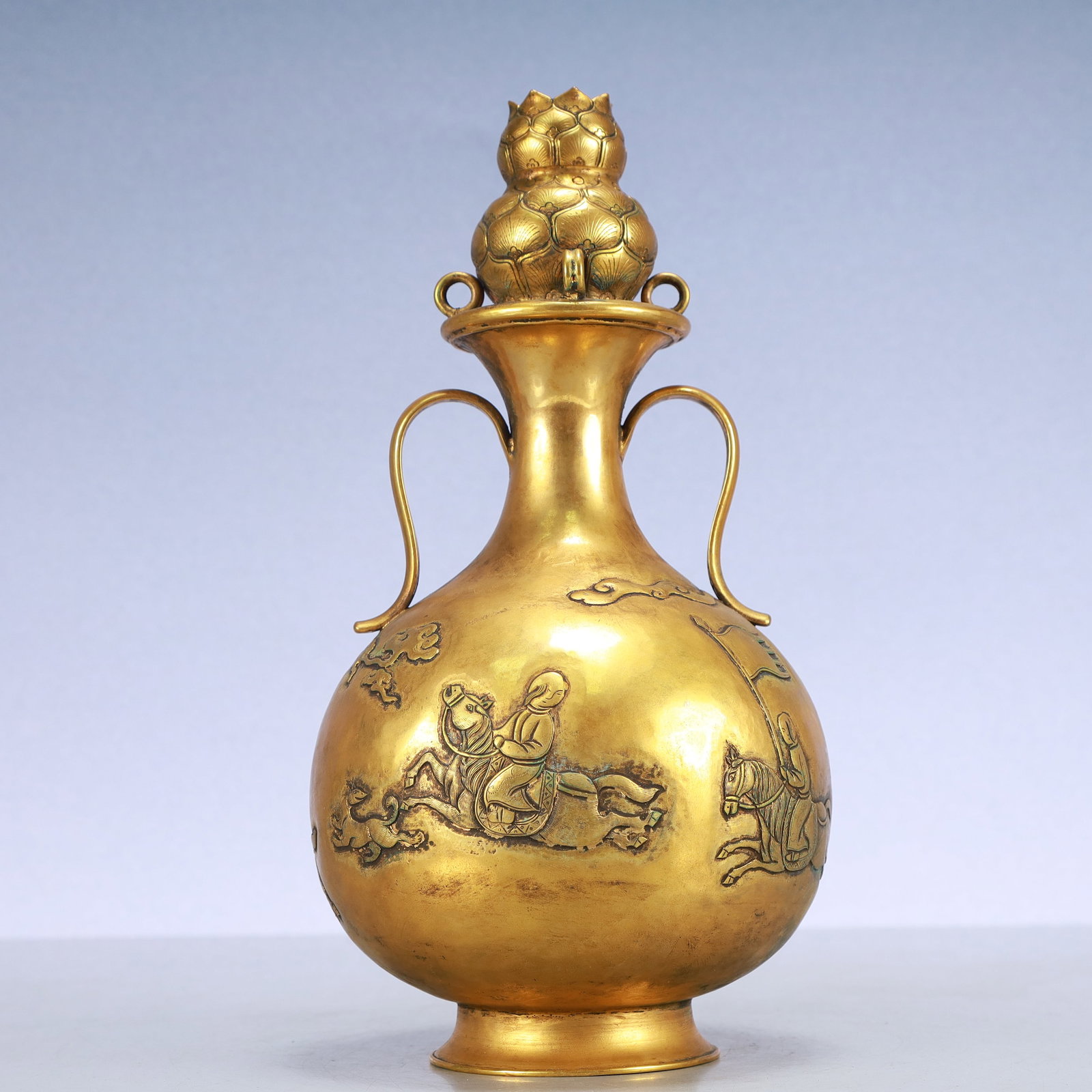 A Exquisite Gilt Bronze Character and Story Pattern with poem Double-Ears Vase: A Exquisite Gilt Bronze Character and Story Pattern with poem Double-Ears Vase Qing Dynasty, China Size:5.9inx11in