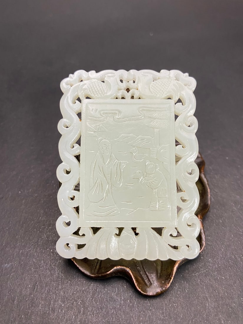 An Exquisite White Jade Character and Story Pattern Pendant,With Poem: An Exquisite White Jade Character and Story Pattern Pendant,With Poem,Qing
