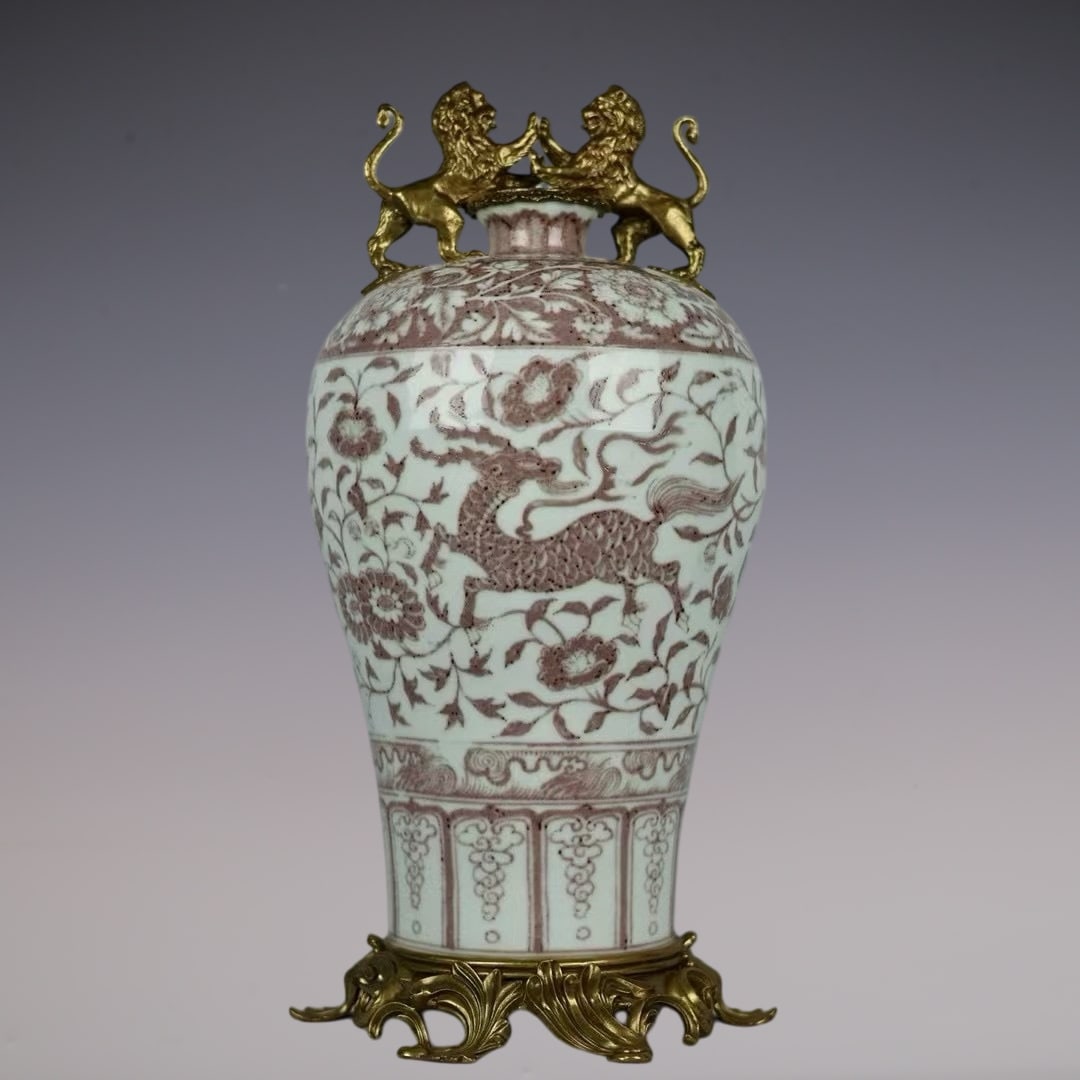 A Huge Underglaze-Red Inlaid Bronze Lotus,Dragon and Phoenix Pattern Lion-Ears Vase (1 of 9)
