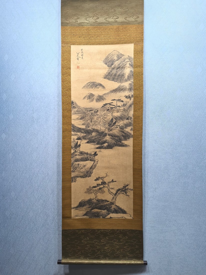 A Chinese Vertical Scroll Ink Painting of Landscape on Paper,Bada Shanren: A Chinese Vertical Scroll Ink Painting of Landscape on Paper,Bada