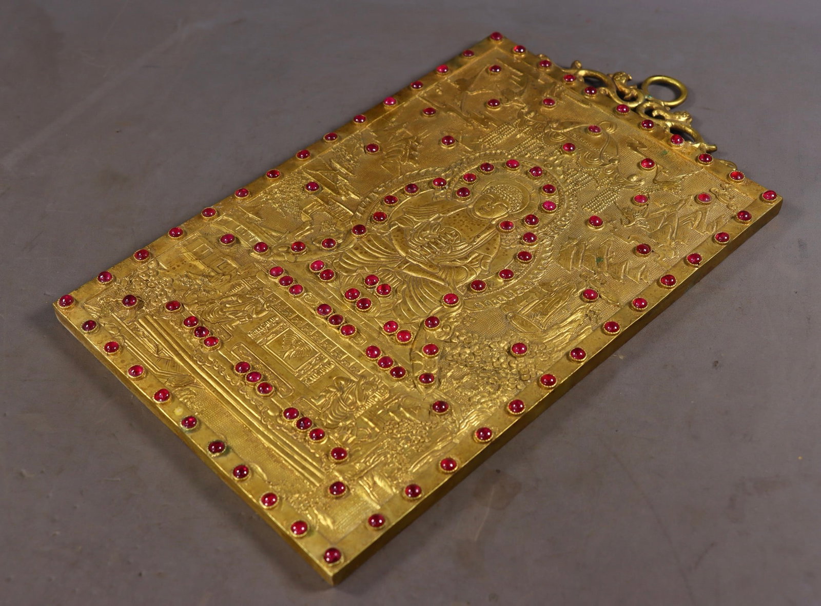 A Rare Gilt Bronze Inlaid Gems Buddha Statue Pattern Hanging Panel,With Scriptures (1 of 9)