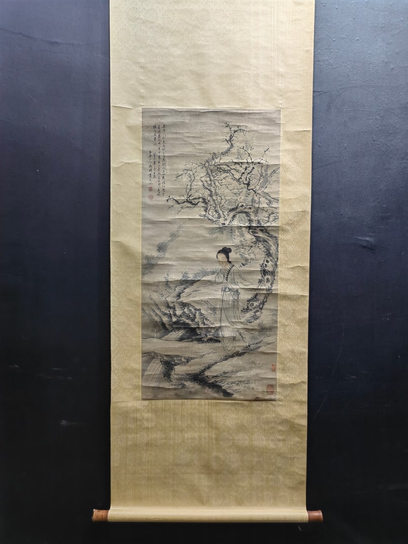 A Chinese Vertical Scroll Ink Painting of Landscape and Figure on Paper,Gai Qi: A Chinese Vertical Scroll Ink Painting of Landscape and Figure on Paper,Gai Qi,Size:17.5inx37.7in一幅中国水墨山水人物画立轴