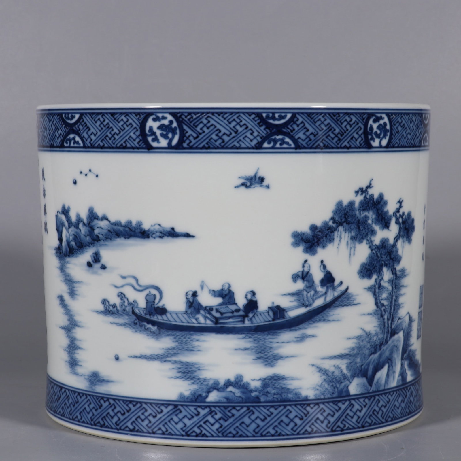 An Exquisite Blue and White Landscape and Figure Pattern Brush Pot,With Poem: An Exquisite Blue and White Landscape and Figure Pattern Brush Pot,With Poem,Qing Dynasty, China,Kangxi Six-character Mark,Size:7.3inx8.8in青花山水人物纹Ļ
