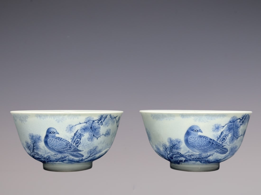 A Pair of Exquisite Enamel Blue Color Pine and Eagle Pattern Cup,With Poem: A Pair of Exquisite Enamel Blue Color Pine and Eagle Pattern Cup,With Poem,Qing Dynasty, China,Yongzheng Four-character