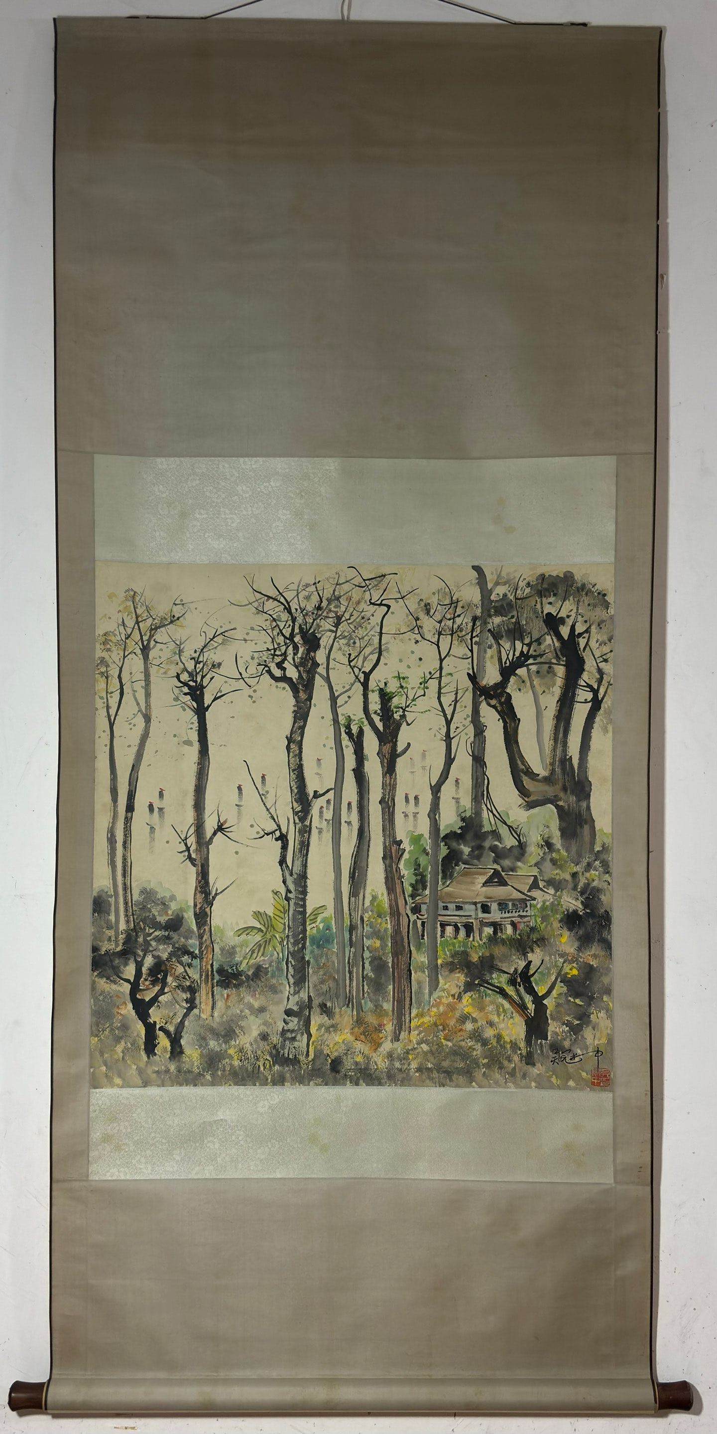 A Chinese Vertical Scroll Ink Painting of Landscape on Paper,Wu Guanzhong: A Chinese Vertical Scroll Ink Painting of Landscape on Paper,Wu Guanzhong,Size:(Without frame)27inx26.8in一幅中国水墨山水画立轴,࡫