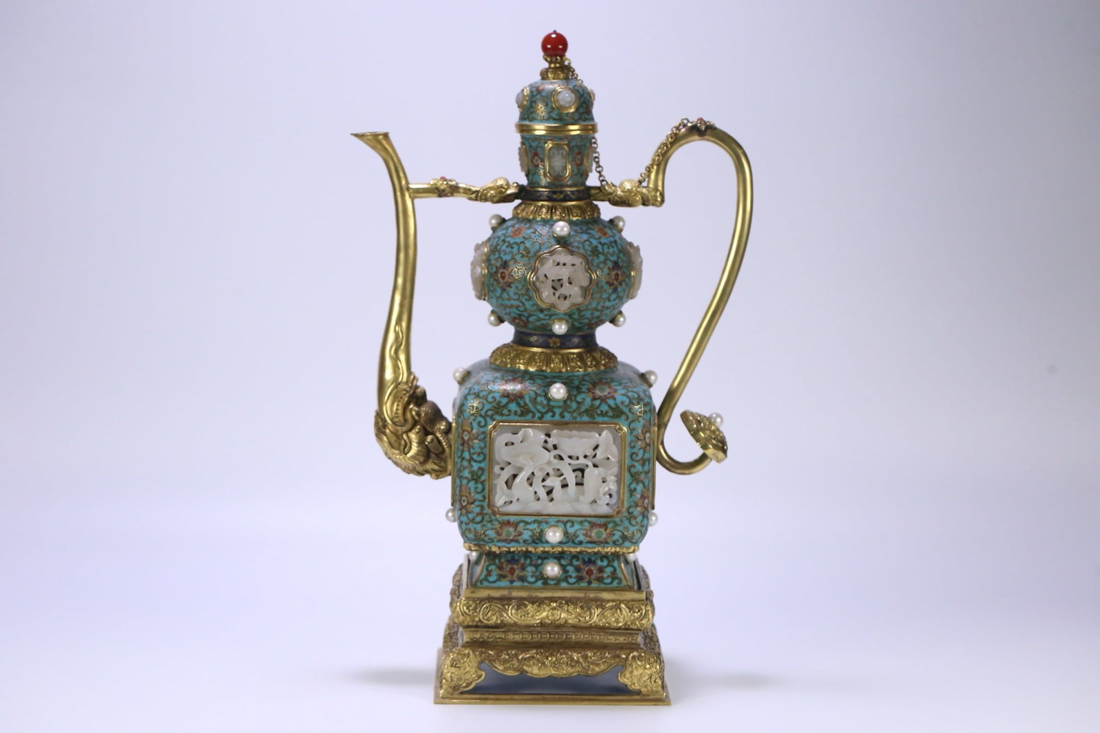 A Huge Cloisonne Inlaid White Jade Hollow Lotus Pattern Ewer,Inlaid Pearls,With Base: A Huge Cloisonne Inlaid White Jade Hollow Lotus Pattern Ewer,Inlaid Pearls,With Base,Qing Dynasty,China,Qianlong Four-character Mark,Size:17.3inx10.6inx6.1in,Weight:3800g景泰蓝໲