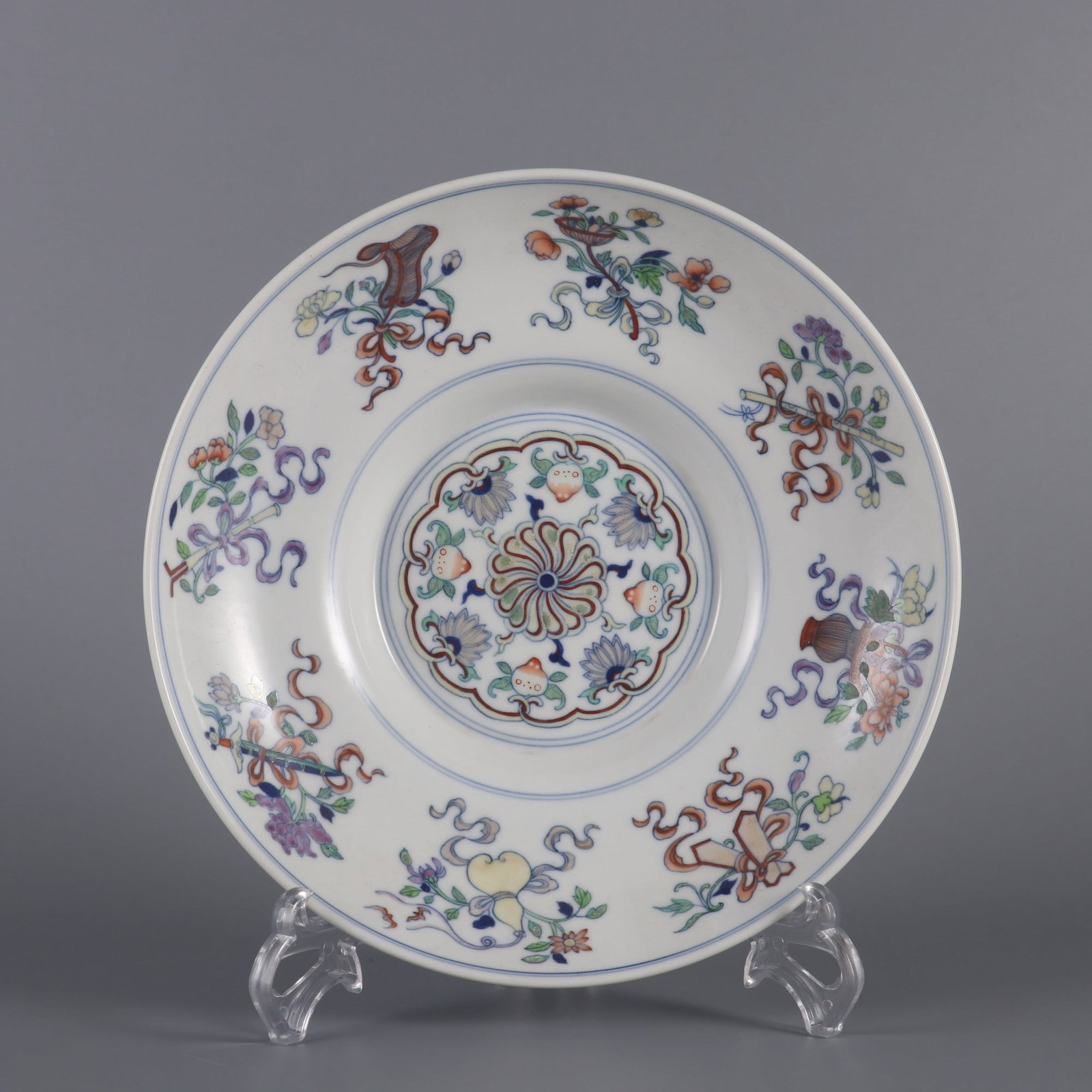An Exquisite Doucai Lotus and Eight Treasures Pattern Plate: An Exquisite Doucai Lotus and Eight Treasures Pattern Plate,Qing Dynasty, China,Yongzheng Six-character Mark,Size:2.2inx8.9in斗彩缠枝莲八宝纹盘,&#