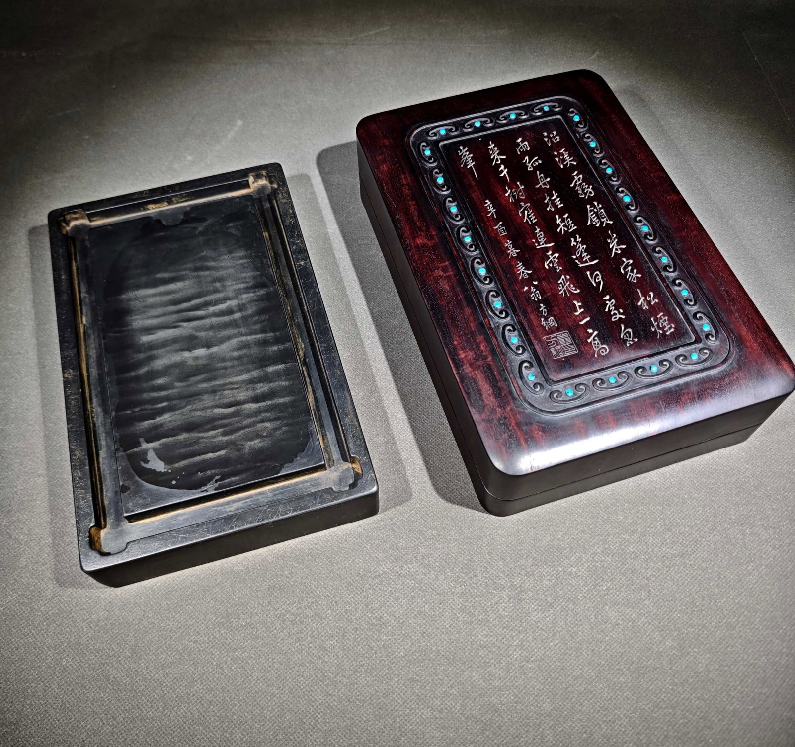 An Exquisite Inlaid Turquoise Poem Inkstone: An Exquisite Inlaid Turquoise Poem Inkstone,Qing Dynasty,China,Fa Shishan Mark,Size:10.6inx6.9inx2.6in镶绿松石诗文砚台,中国清代,