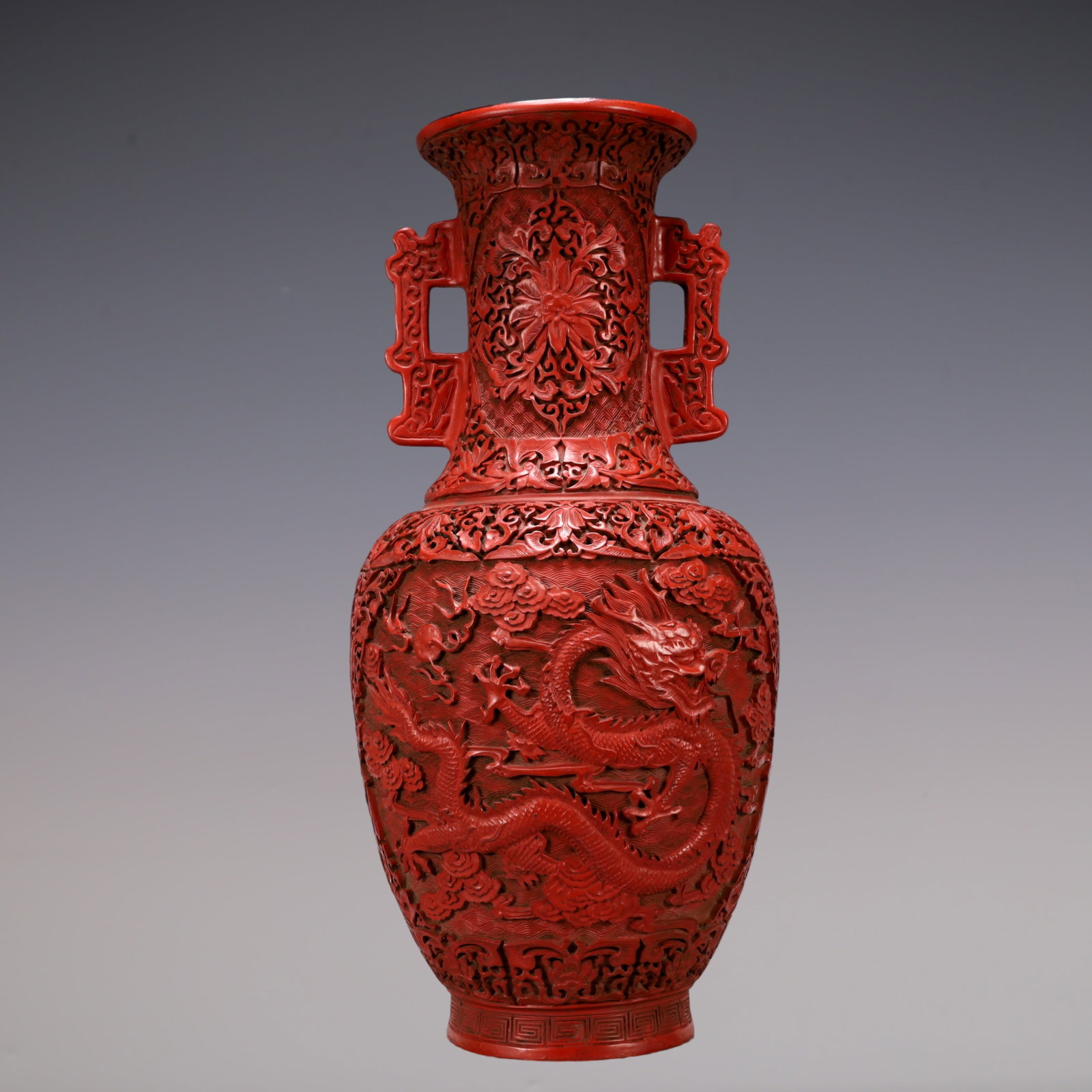 A Exquisite Carved Red Lacquer Lotus Pattern Dragon Pattern Double-Ears Vase (1 of 16)