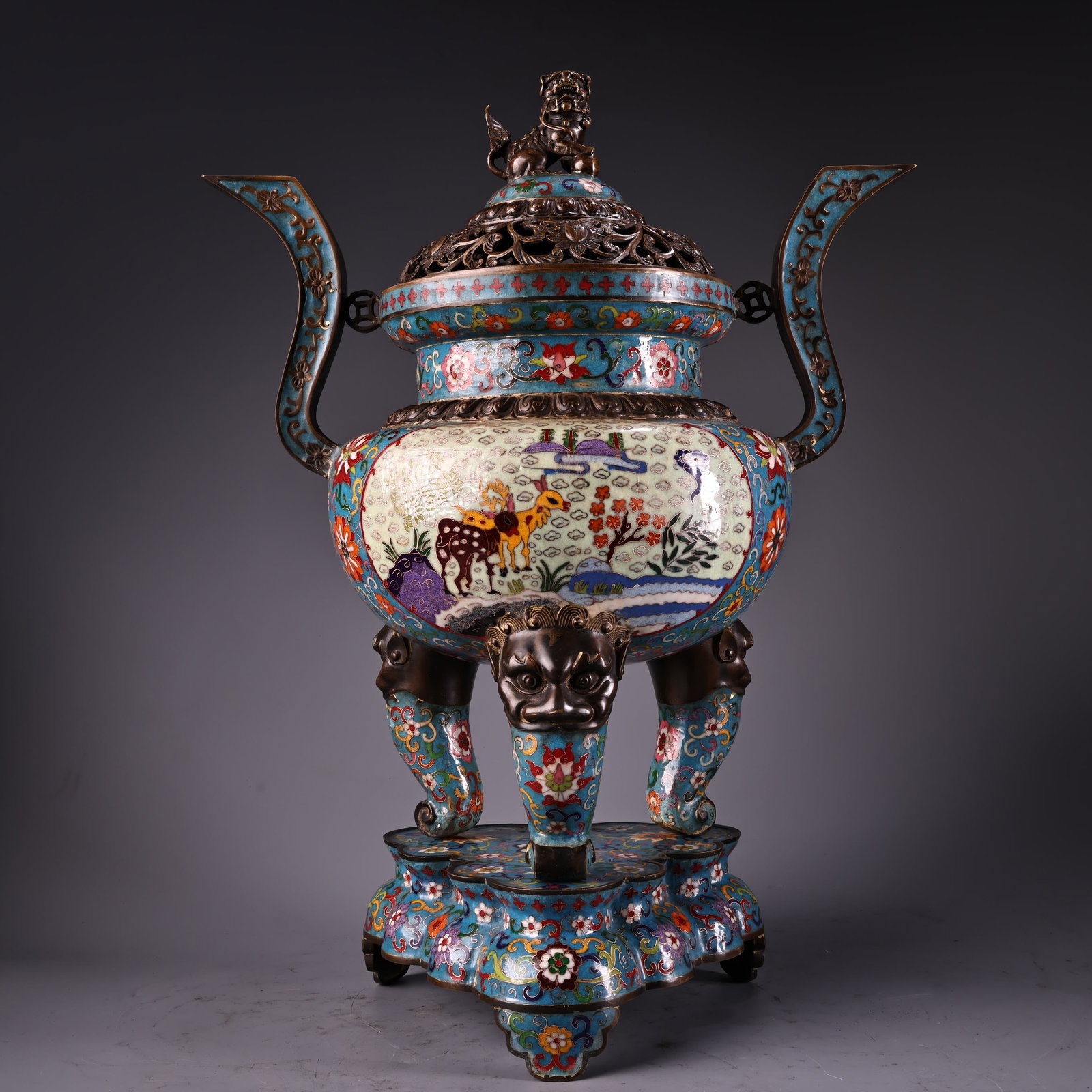 A Huge Cloisonne Lotus and Deer Pattern Double-Ears Beast Legs Censer,With Lion Cover,With Base: A Huge Cloisonne Lotus and Deer Pattern Double-Ears Beast Legs Censer,With Lion Cover,With Base,Qing Dynasty,China,Qianlong Four-character Mark,Size:22.4inx17.3in,Weight:13000g景泰蓝