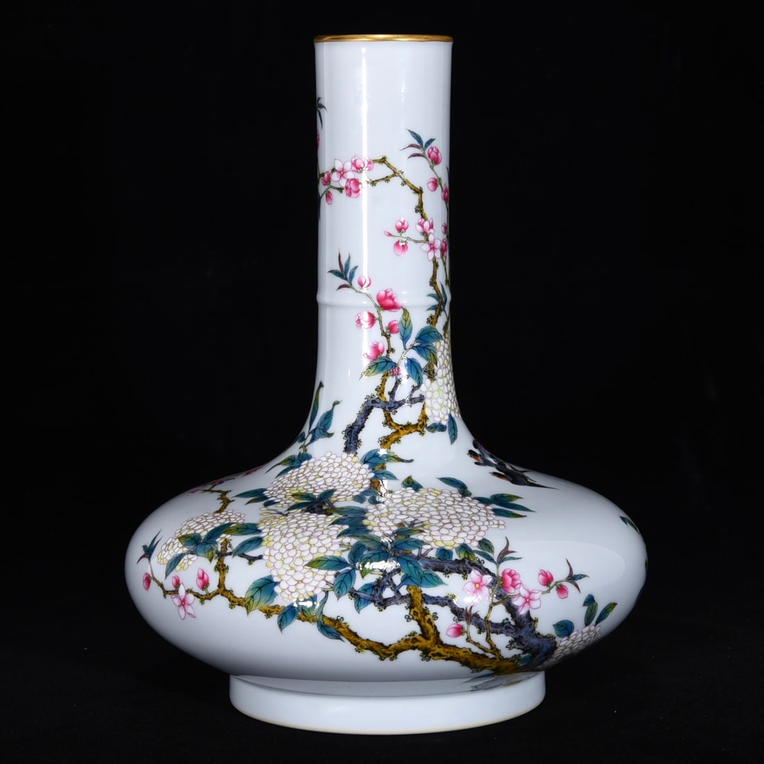 An Exquisite Famille-Rose Painted Gold Flower and Bird Pattern Vase,With Poem: An Exquisite Famille-Rose Painted Gold Flower and Bird Pattern Vase,With Poem,Qing Dynasty, China,Yongzheng Six-character Mark,Size:11.4inx8.7in粉彩描金花鸟纹