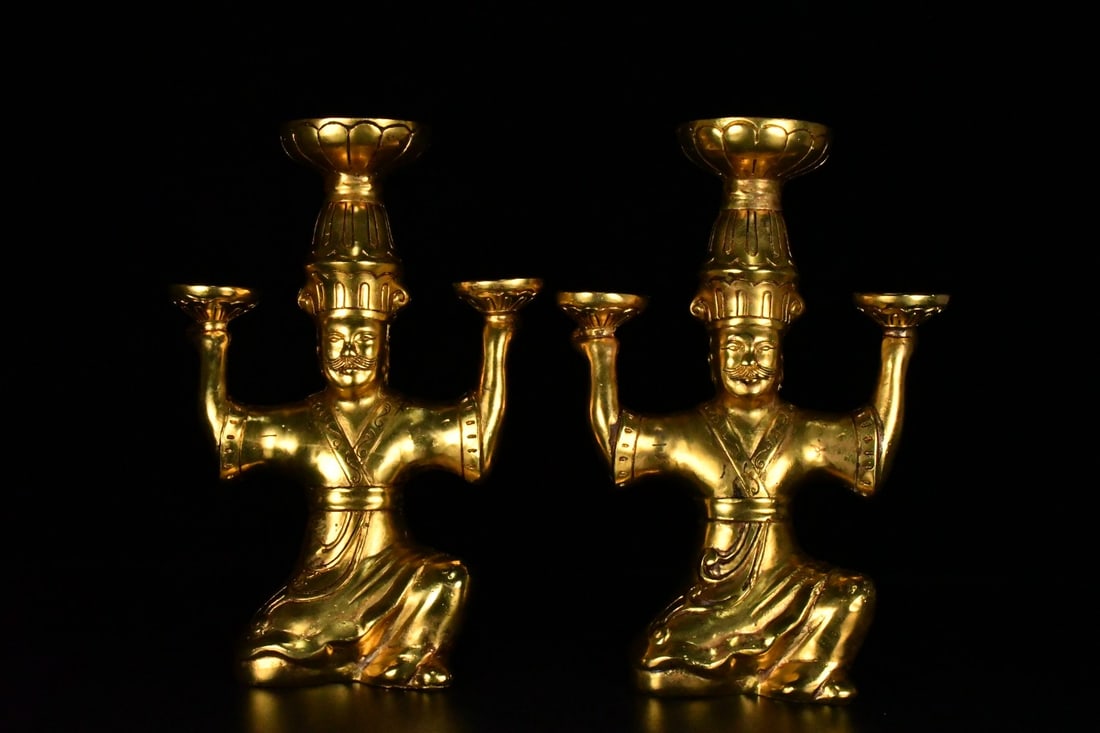 A Pair of Exquisite Gilt Bronze Figure-Shaped Candlesticks,With Inscription: A Pair of Exquisite Gilt Bronze Figure-Shaped Candlesticks,With Inscription,Qing Dynasty, China,Size:10.2inx7.1in,Total