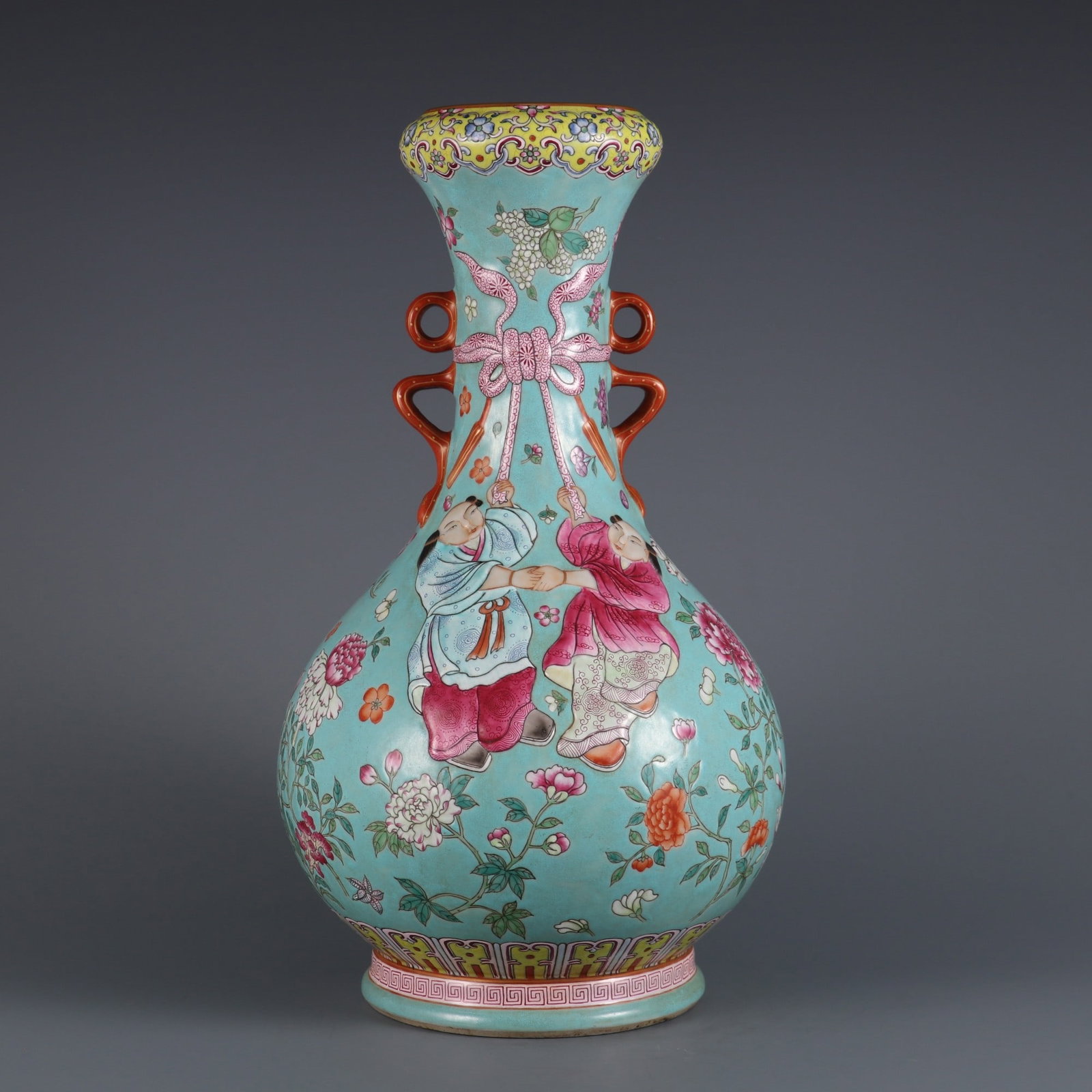A Rare Turquoise Ground Famille-Rose Painted Gold Flower and Figure Pattern Double-Ears Vase: A Rare Turquoise Ground Famille-Rose Painted Gold Flower and Figure Pattern Double-Ears Vase,Qing Dynasty, China,Daoguang Six-character Mark,Size:14.2inx3in松石绿地粉