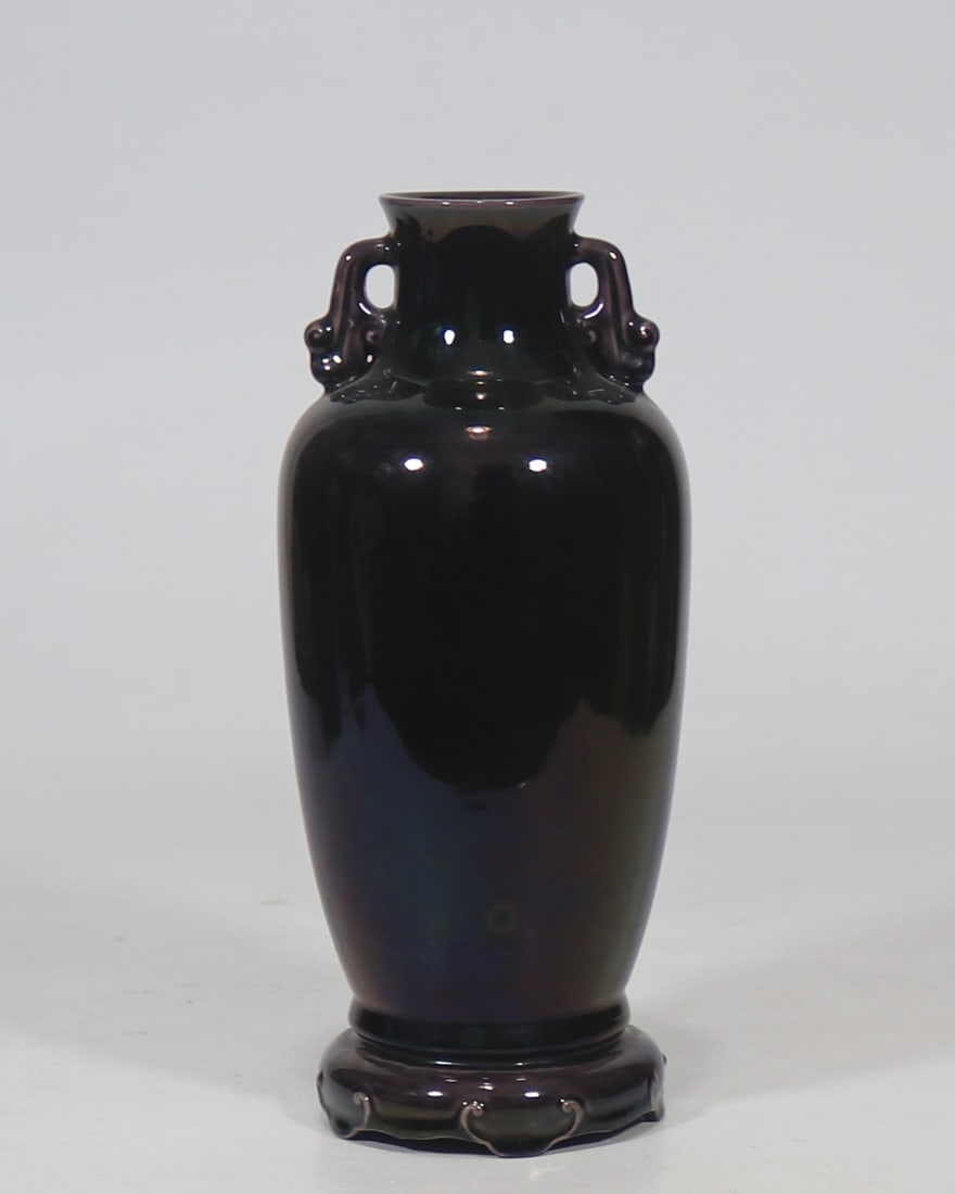An Exquisite Purple Glazed Double-Ears Vase: An Exquisite Purple Glazed Double-Ears Vase,Qing Dynasty, China,Qianlong Six-character Mark,Size:8.9inx1.9in紫釉双耳瓶,中国清代,乾隆&#