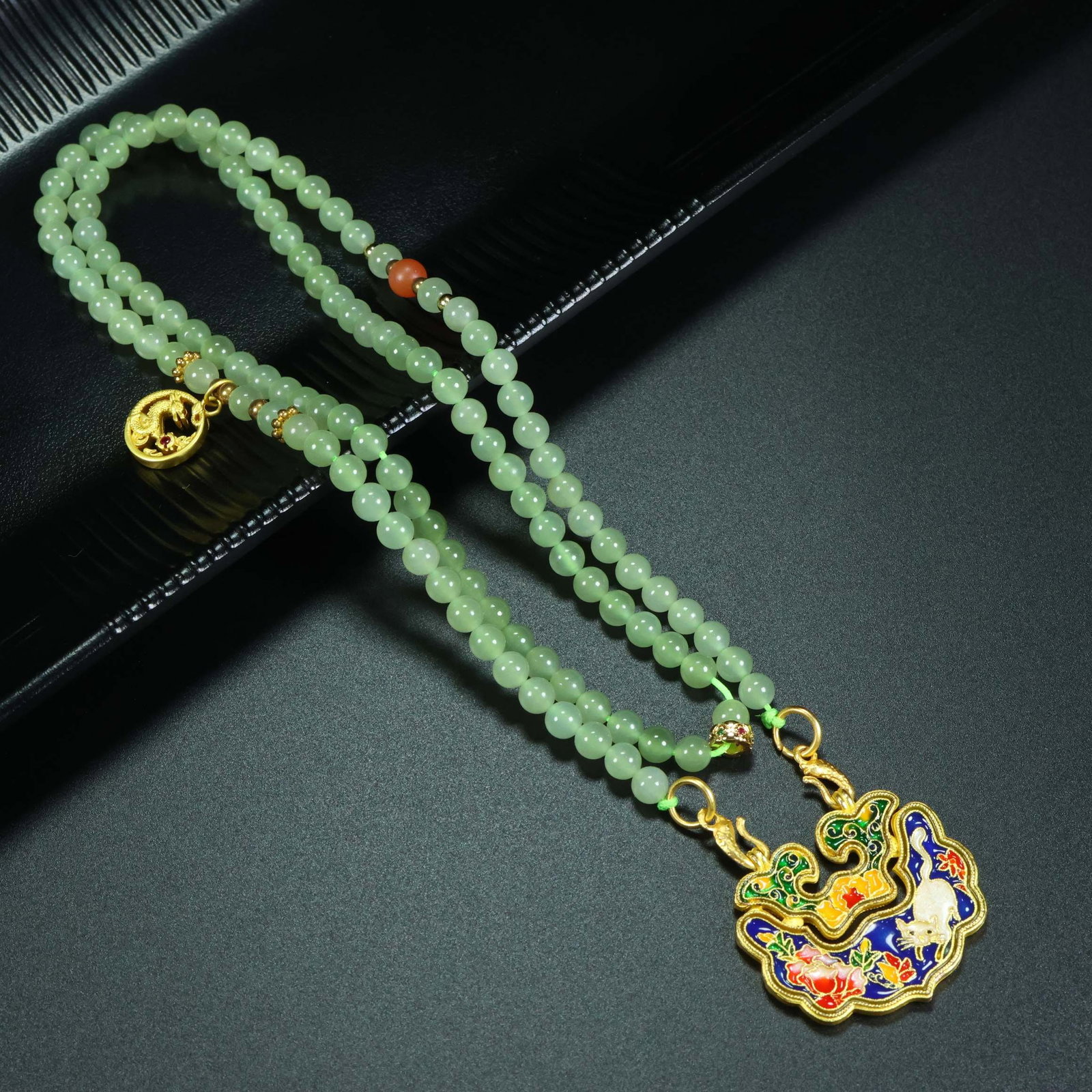 An Exquisite Gilt Bronze Painted Color Flower and Cat Pattern Pendant,With Greenish Jade Necklace (1 of 9)