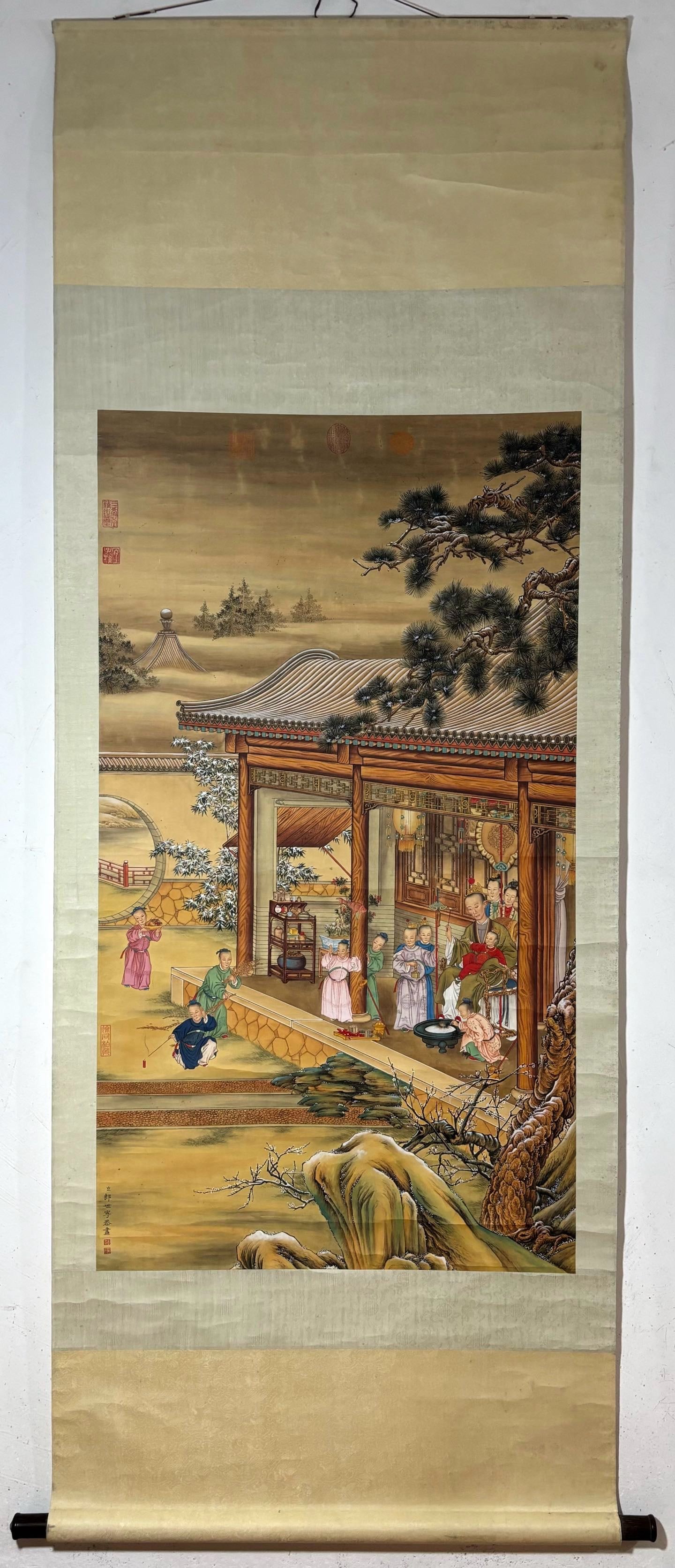 A Chinese Vertical Scroll Ink Painting of Character and Story on Silk,Lang Shining (1 of 9)