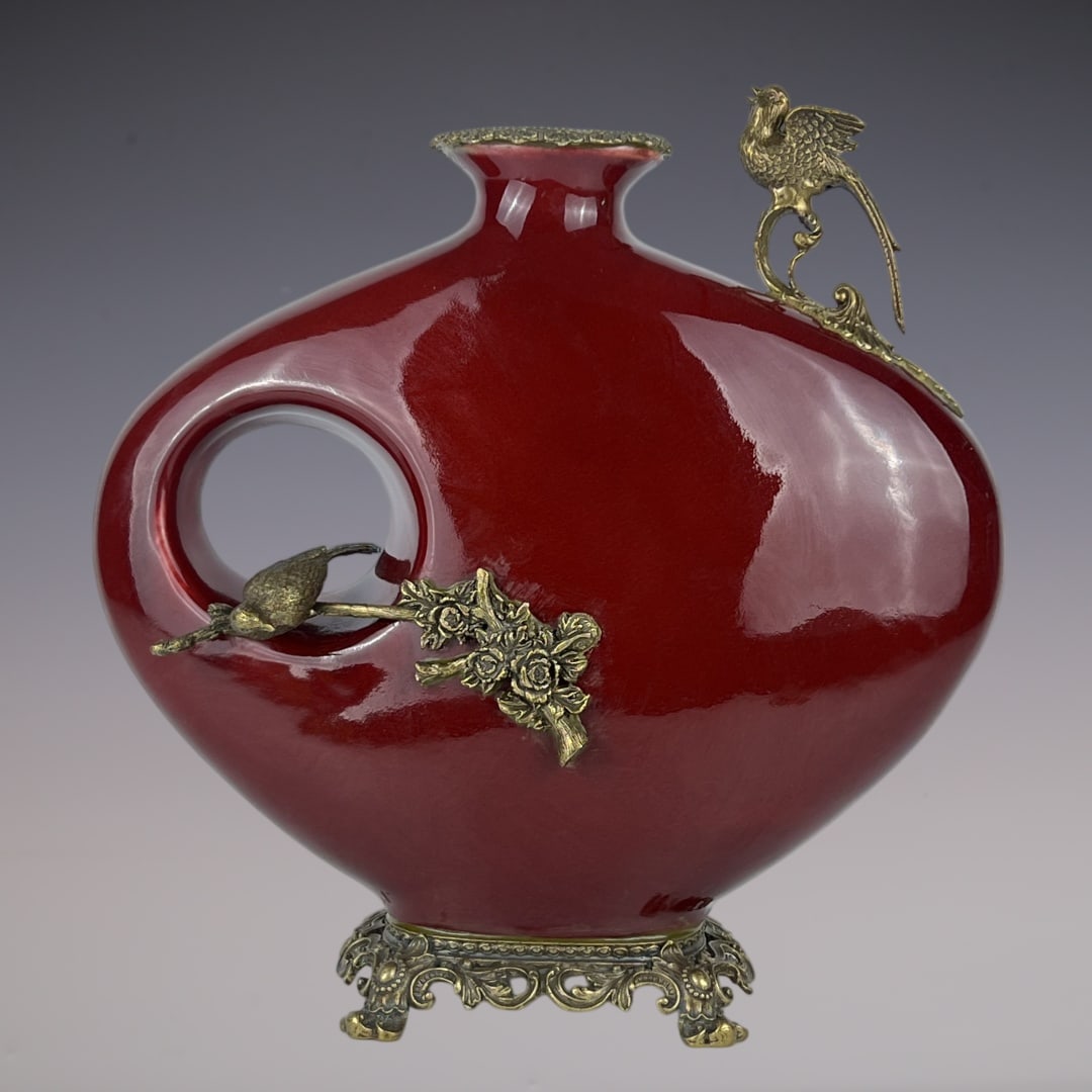 A Rare Ji Red Glazed Inlaid Bronze Flower and Bird Pattern Vase: A Rare Ji Red Glazed Inlaid Bronze Flower and Bird Pattern Vase,Qing Dynasty,China,Yongzheng Six-character