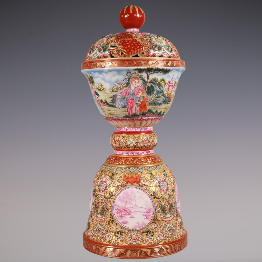 An Exquisite Enamel Gold Ground Landscape and Figure Pattern Censer: An Exquisite Enamel Gold Ground Landscape and Figure Pattern Censer,Qing Dynasty, China,Qianlong Six-character