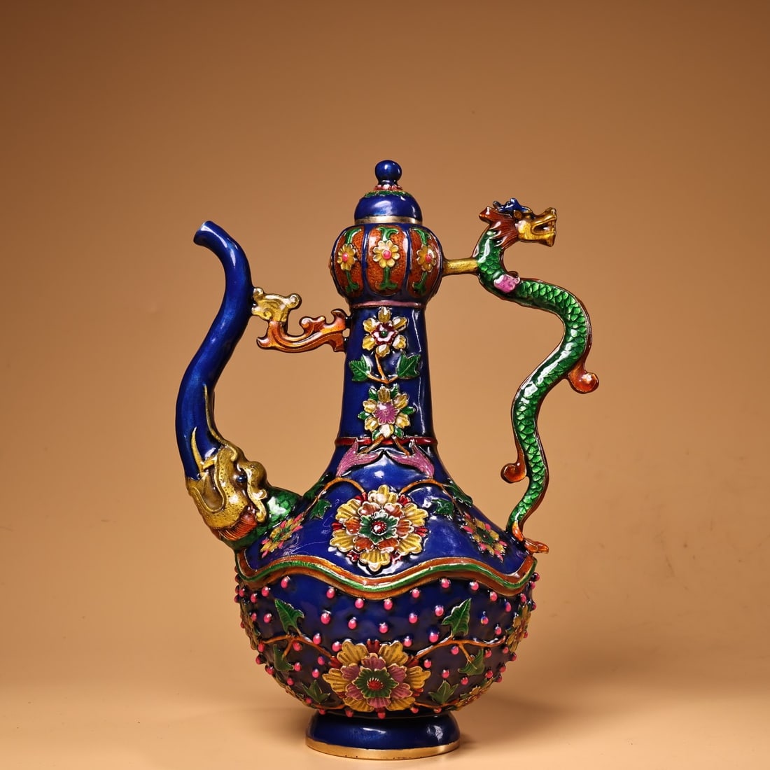 An Exquisite Cloisonne Flower Pattern Dragon Handle Flagon: An Exquisite Cloisonne Flower Pattern Dragon Handle Flagon,Qing Dynasty,China,Qianlong Four-character