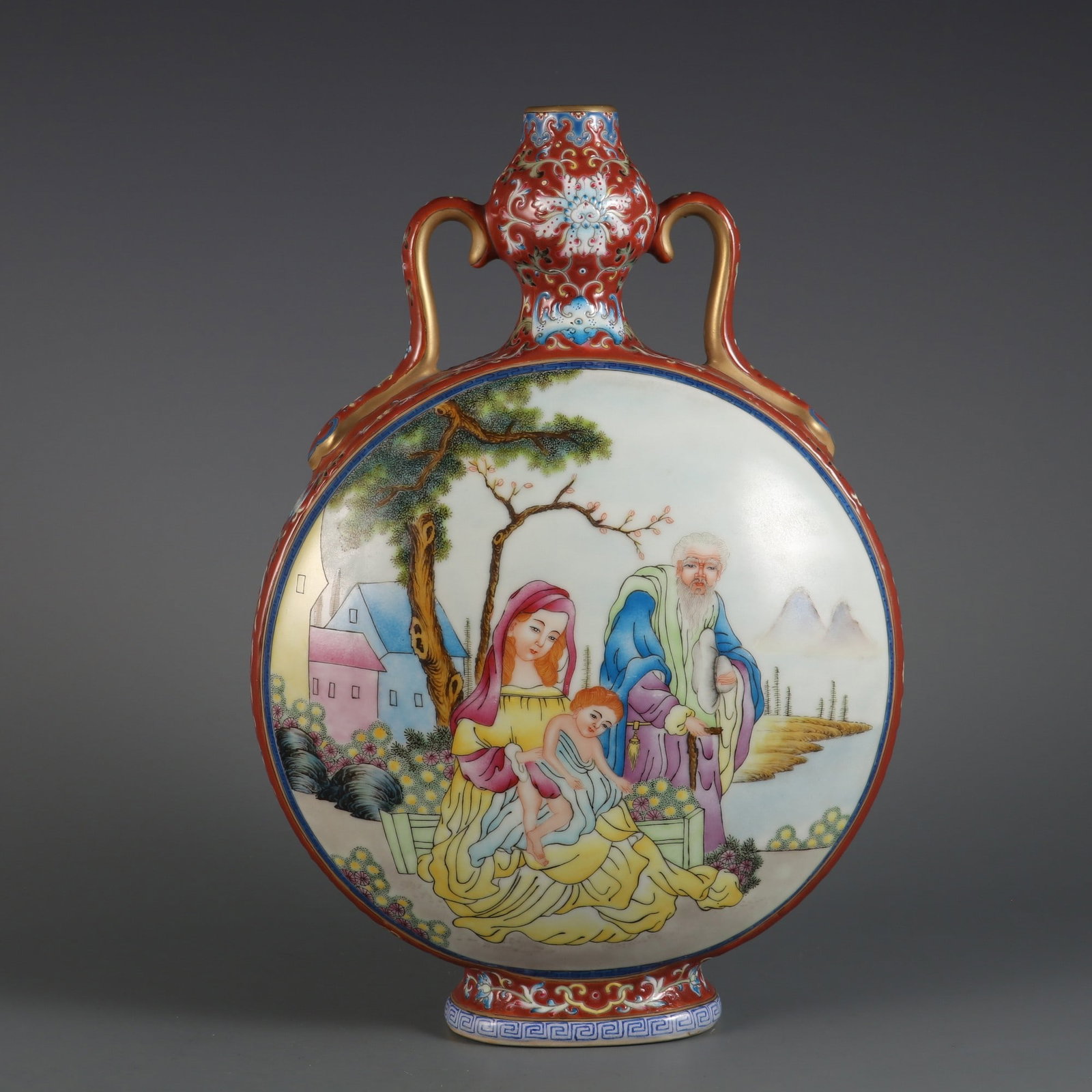 A Rare Ruby Red-Ground Enamel Painted Gold Figure Pattern Double-Ears Vase: A Rare Ruby Red-Ground Enamel Painted Gold Figure Pattern Double-Ears Vase,Qing Dynasty, China,Qianlong Six-character