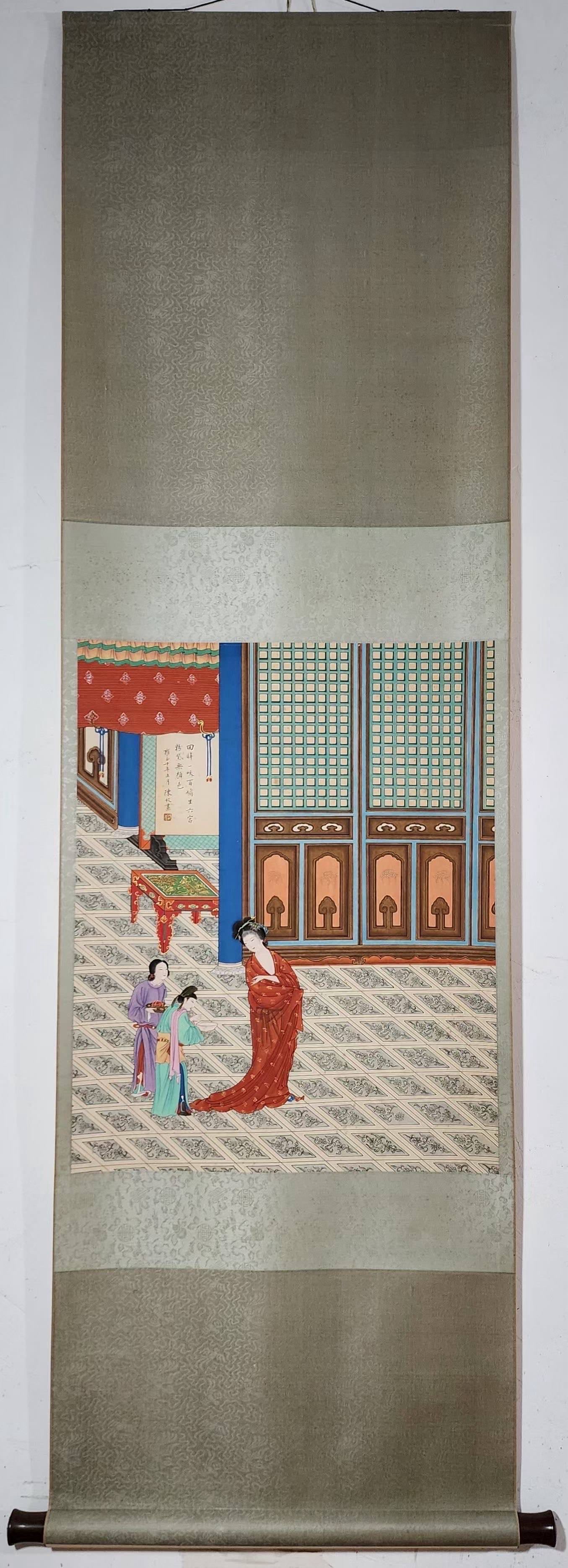 A Chinese Vertical Scroll Ink Painting of Woman on Paper,Chen Mei: A Chinese Vertical Scroll Ink Painting of Woman on Paper,Chen Mei,Size:(Without frame)26inx20.9in一幅中国水墨仕女图立轴,陈ੜ
