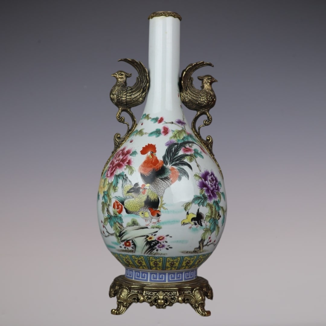 A Huge Famille-Rose Inlaid Bronze Flower and Rooster Pattern Bird-Ears Vase (1 of 9)