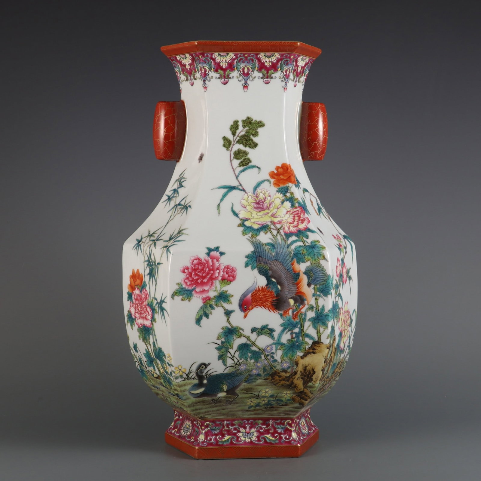A Huge Famille-Rose Flower and Bird Pattern Double-Ears Vase,With Poem: A Huge Famille-Rose Flower and Bird Pattern Double-Ears Vase,With Poem,Qing Dynasty, China,Qianlong Six-character Mark,Size:17inx10.2inx6.7in粉彩花鸟纹双耳