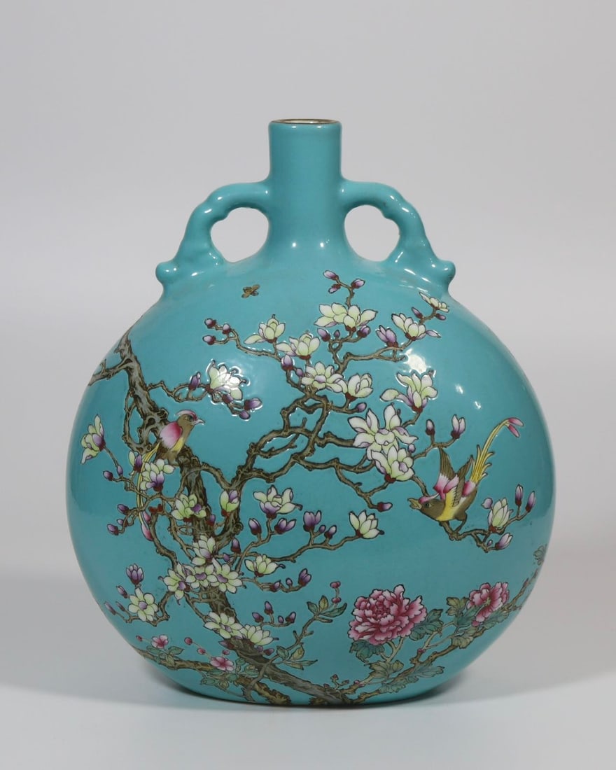 An Exquisite Turquoise Glazed Painted Gold Flower and Bird Pattern Double-Ears Vase (1 of 9)