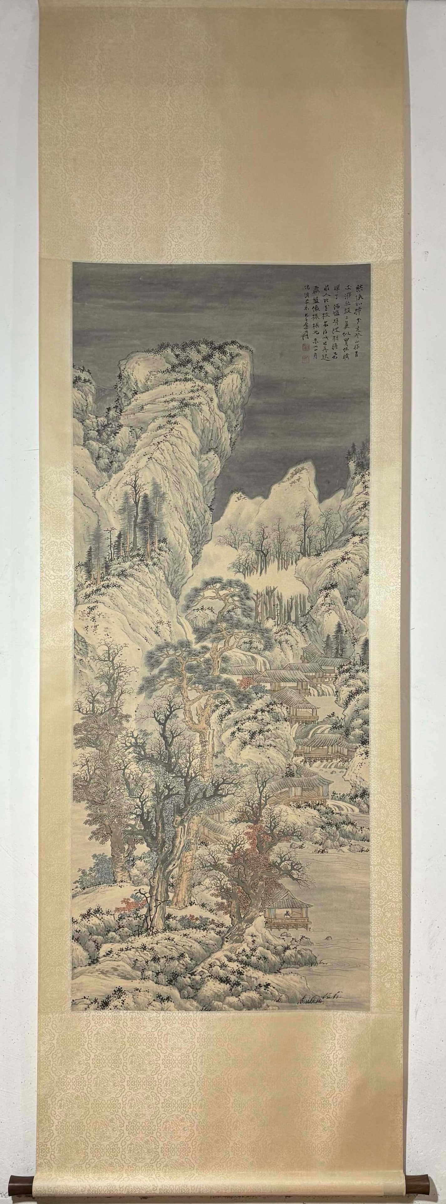 A Chinese Vertical Scroll Ink Painting of Landscape on Paper,Zhang Daqian: A Chinese Vertical Scroll Ink Painting of Landscape on Paper,Zhang Daqian,Size:(Without frame)58.5inx23.4in一幅中国水墨山水画立轴,
