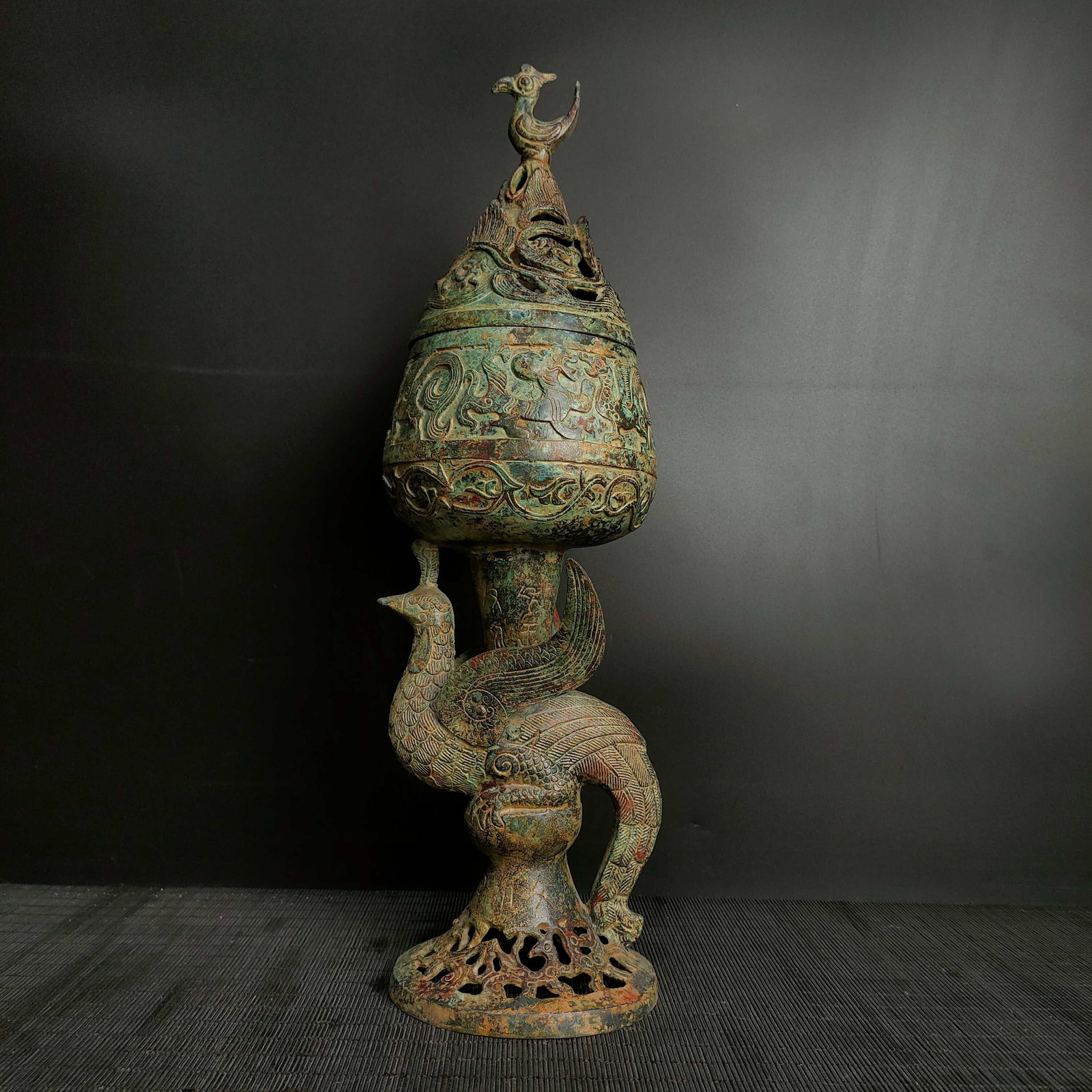 An Archaic Bronze Auspicious Beast Pattern Phoenix-Shaped Censer,With Inscription: An Archaic Bronze Auspicious Beast Pattern Phoenix-Shaped Censer,With Inscription,Qing Dynasty,