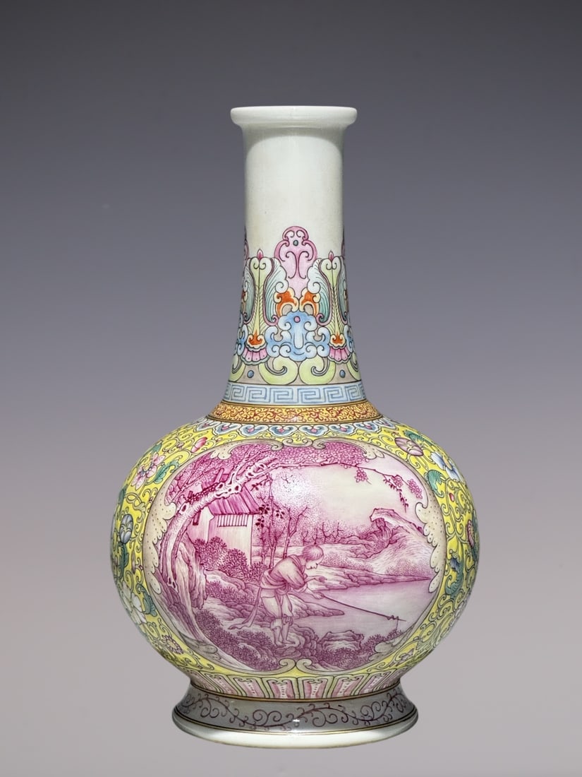 An Exquisite Enamel Yellow Ground Ruby red-Glazed Landscape and Figure Pattern Vase: An Exquisite Enamel Yellow Ground Ruby red-Glazed Landscape and Figure Pattern Vase,Qing Dynasty, China,Qianlong Four-character Mark,Size:7.9inx4.7in珐琅彩黄地宝
