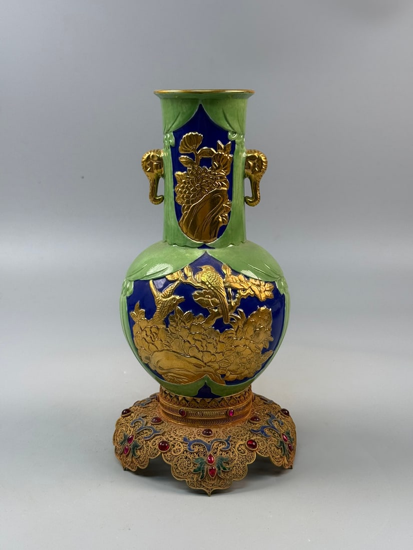 A Rare Filigree and Gilding Inlaid Blue Ground Green Glazed Cover with Gold Flower and Bird Pattern: A Rare Filigree and Gilding Inlaid Blue Ground Green Glazed Cover with Gold Flower and Bird Pattern Elephant-Ears Vase,Inlaid Gems,Qing Dynasty,China,Qianlong Four-character Mark,Size:11.8inx5.5in,Wei