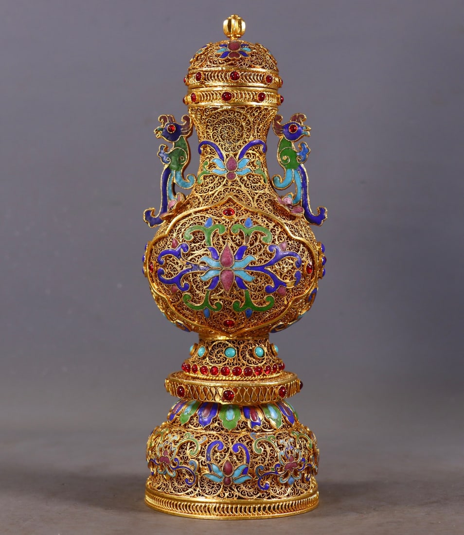 An Exquisite Filigree and Gilding Inlaid Gems Blueing Lotus Pattern Phoenix-Ears Vase: An Exquisite Filigree and Gilding Inlaid Gems Blueing Lotus Pattern Phoenix-Ears Vase,Qing Dynasty,China,Qianlong Four-character Mark,Size:9.4inx3.3in,Weight:491g花丝鎏金໲