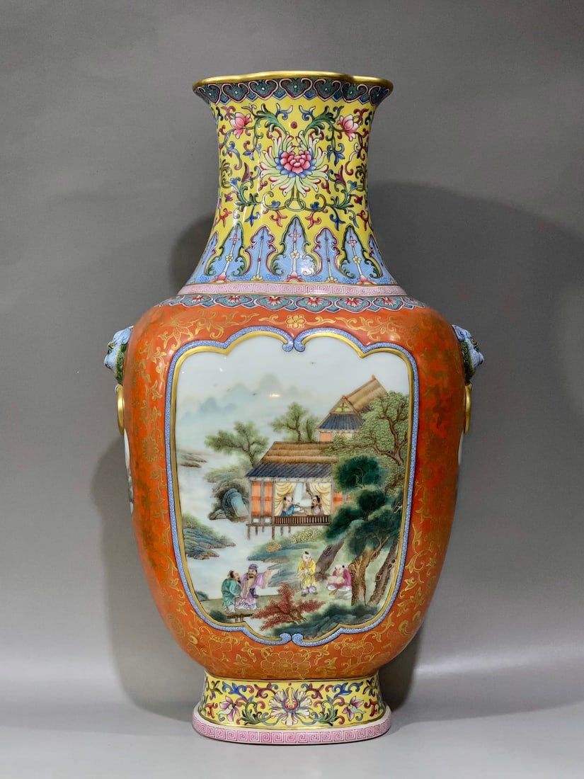 A Huge Yellow Ground Iron-Red Famille-Rose Painted Gold Character and Story Pattern Beast-Ears Vase: A Huge Yellow Ground Iron-Red Famille-Rose Painted Gold Character and Story Pattern Beast-Ears Vase,Qing Dynasty,China,Qianlong Four-character Mark,Size:15.9inx9.3inx4.9in黄地矾ń