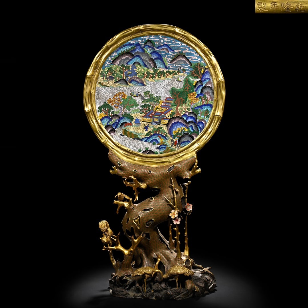 An Exquisite Cloisonne Landscape and Figure Pattern Pine and Crane Pattern Screen: An Exquisite Cloisonne Landscape and Figure Pattern Pine and Crane Pattern Screen Qing Dynasty, China Qianlong Four-character Mark Size:28.3inx14.6inx9.1in Weight:20kg景泰蓝松&