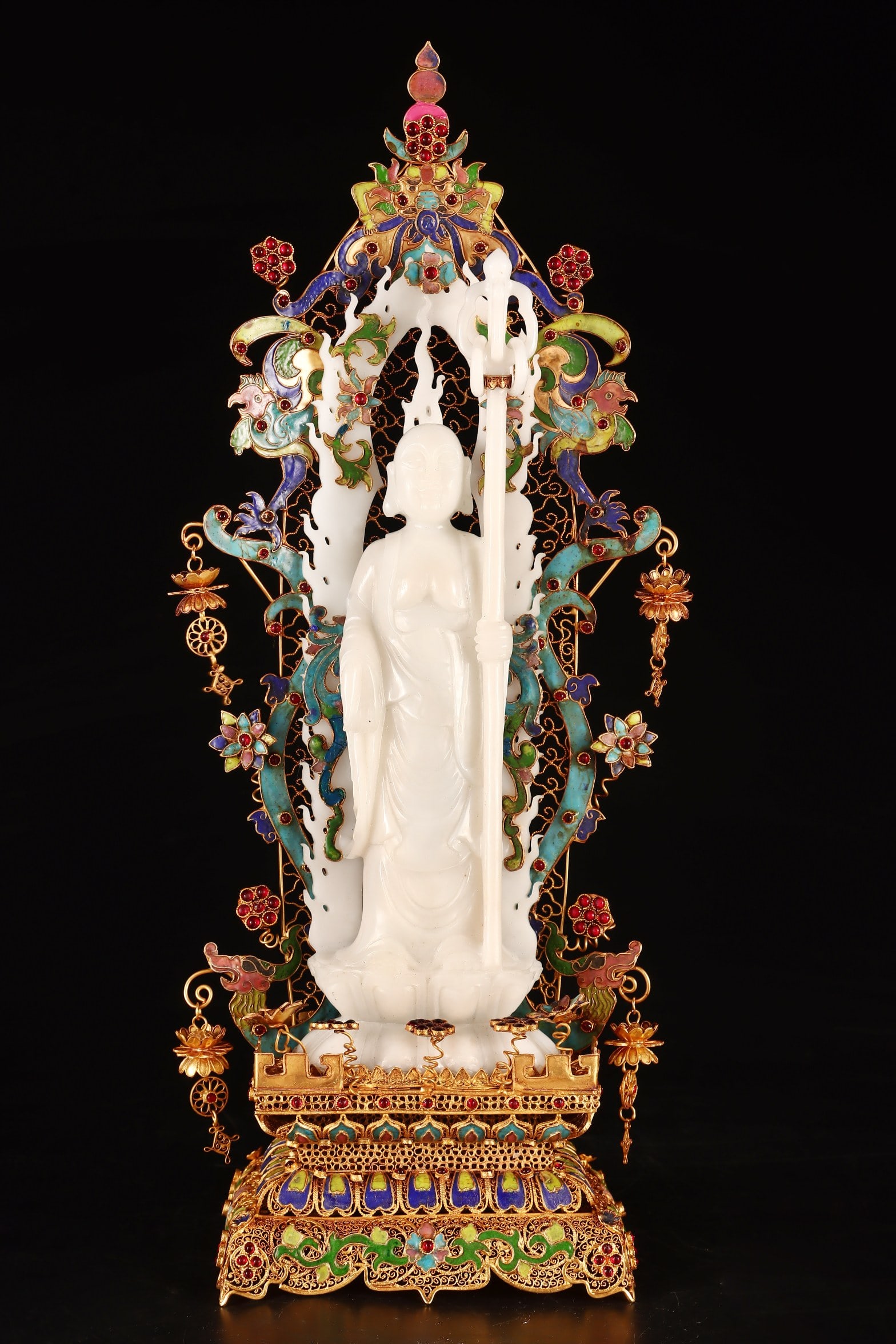 A Huge Filigree and Gilding Inlaid White Jade Statue of Kshitigarbha Bodhisattva,Inlaid Gems: A Huge Filigree and Gilding Inlaid White Jade Statue of Kshitigarbha Bodhisattva,Inlaid Gems,Qing Dynasty,China,Qianlong Four-character Mark,Size:16.9inx6.7in,Weight:1805g花丝鎏ŵ
