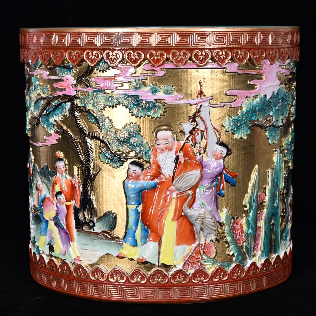 An Exquisite Enamel Gold Ground Character and Story Pattern Brush Pot: An Exquisite Enamel Gold Ground Character and Story Pattern Brush Pot,Qing Dynasty, China,Qianlong Six-character