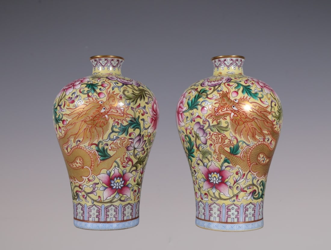 A Pair of Exquisite Famille-Rose Yellow Ground Painted Gold Lotus and Dragon Pattern Vases: A Pair of Exquisite Famille-Rose Yellow Ground Painted Gold Lotus and Dragon Pattern Vases,Qing Dynasty, China,Qianlong Six-character