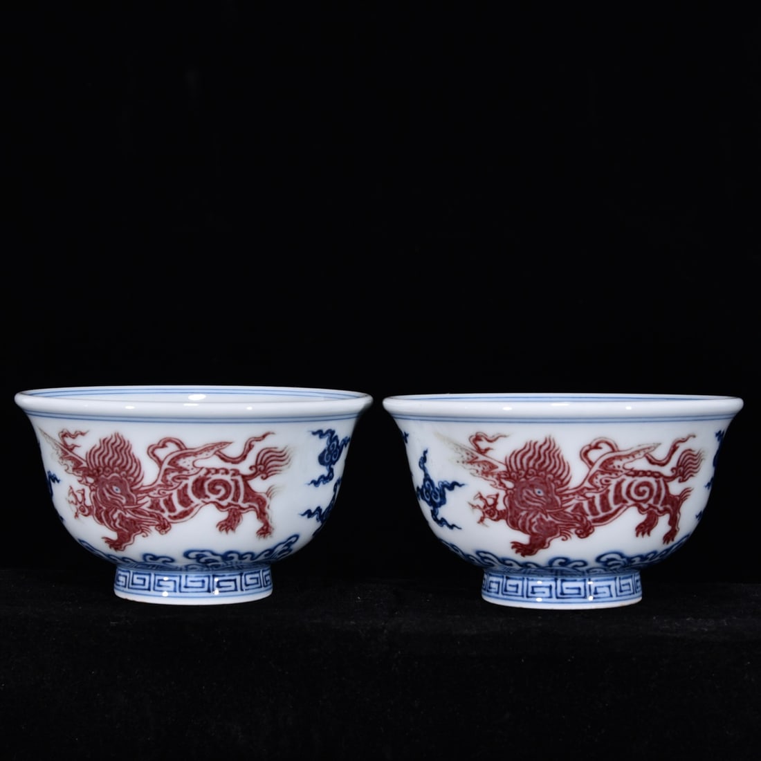 A Pair of Exquisite Underglaze-Red Auspicious Cloud and Kylin Pattern Cup: A Pair of Exquisite Underglaze-Red Auspicious Cloud and Kylin Pattern Cup,Ming Dynasty, China,Xuande Four-character
