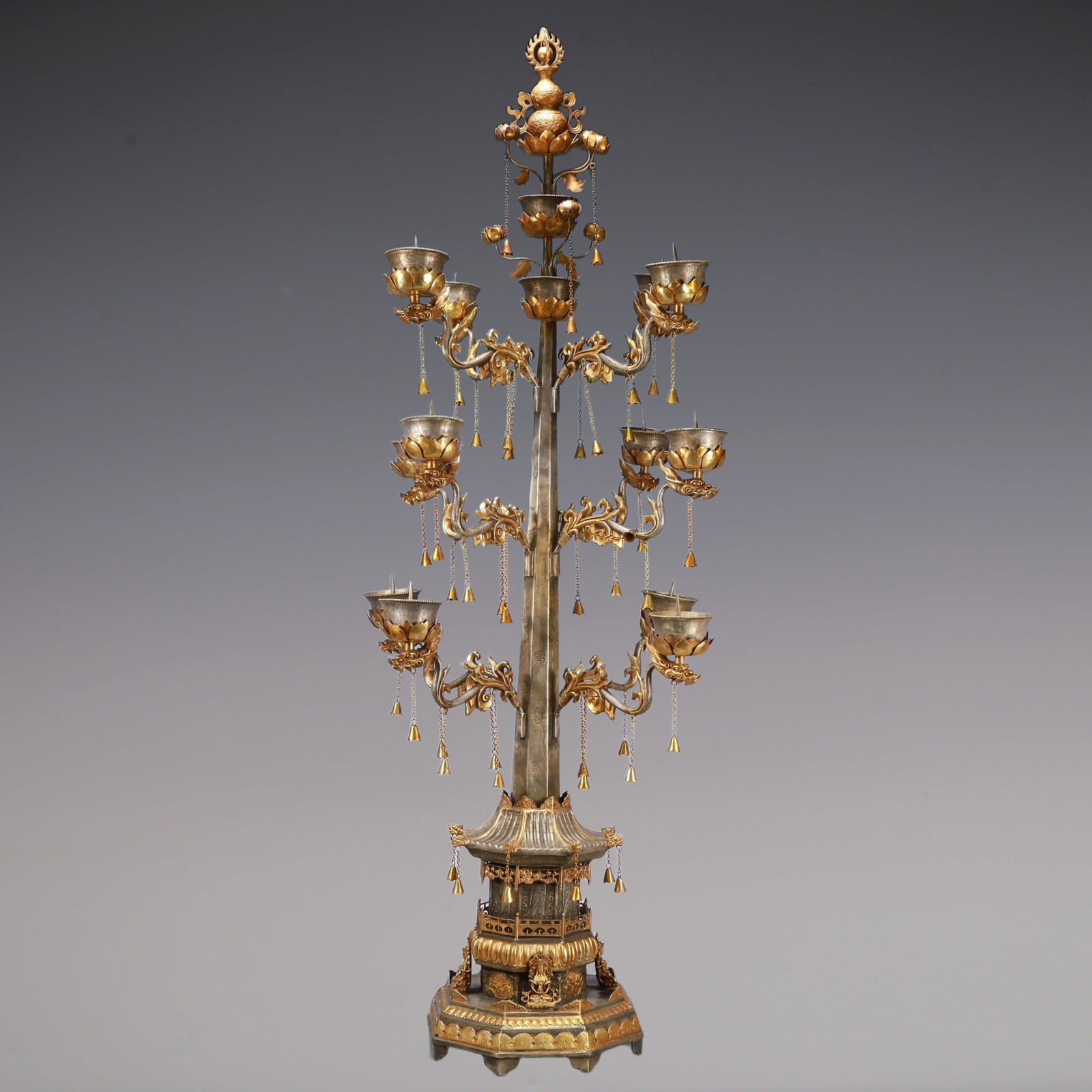 A Exquisite Gilt Silver -With Inscription Candlestick: A Exquisite Gilt Silver -With Inscription Candlestick Qing Dynasty, China Size:19.7inx48.8in Weight:16250g银鎏金带铭文烛台