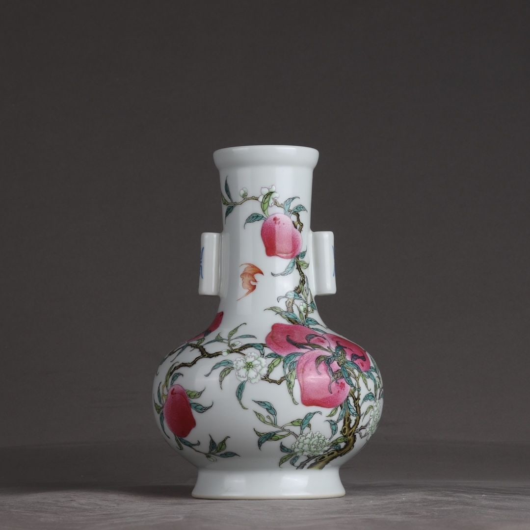 An Exquisite Famille-Rose Bats and Peach Pattern Double-Ears Vase: An Exquisite Famille-Rose Bats and Peach Pattern Double-Ears Vase,Qing Dynasty, China,Qianlong Four‑character Mark,Size:8inx5.5in