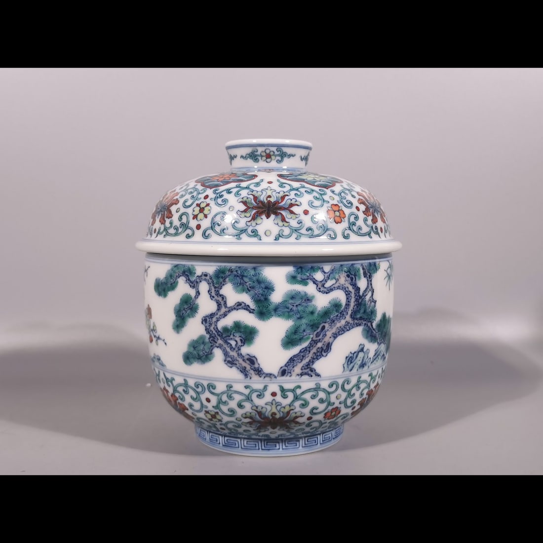An Exquisite Blue and White Doucai Pine and Bamboo Pattern Jar: An Exquisite Blue and White Doucai Pine and Bamboo Pattern Jar,Qing Dynasty, China,Yongzheng Six-character Mark,Size:5.9inx4.9inx5.5in