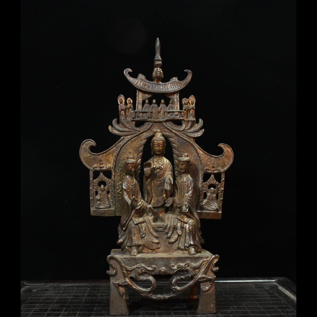 An Exquisite Bronze Slurried-Gold Buddha Statue Ornament: An Exquisite Bronze Slurried-Gold Buddha Statue Ornament,Northern Wei Dynasty,Size:15.4inx9.1inx3.5in,Weight:2000g 铜泥金佛像摆件,北魏