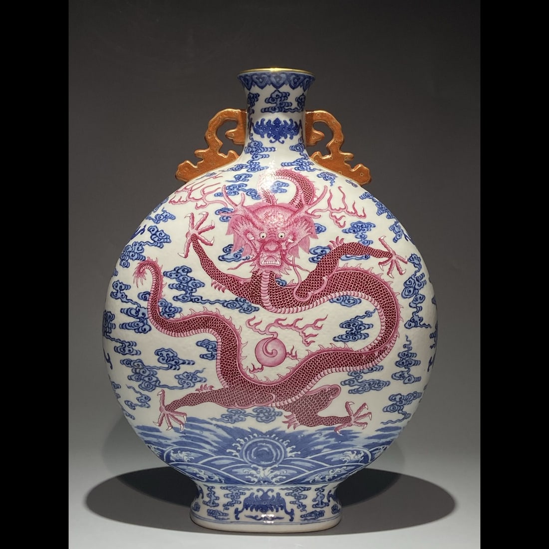 An Exquisite Blue and White Ruby Red-Glazed Dragon Pattern Vase: An Exquisite Blue and White Ruby Red-Glazed Dragon Pattern Vase,Qing Dynasty, China,Qianlong Six-character Mark,Size:15.7inx12.2in