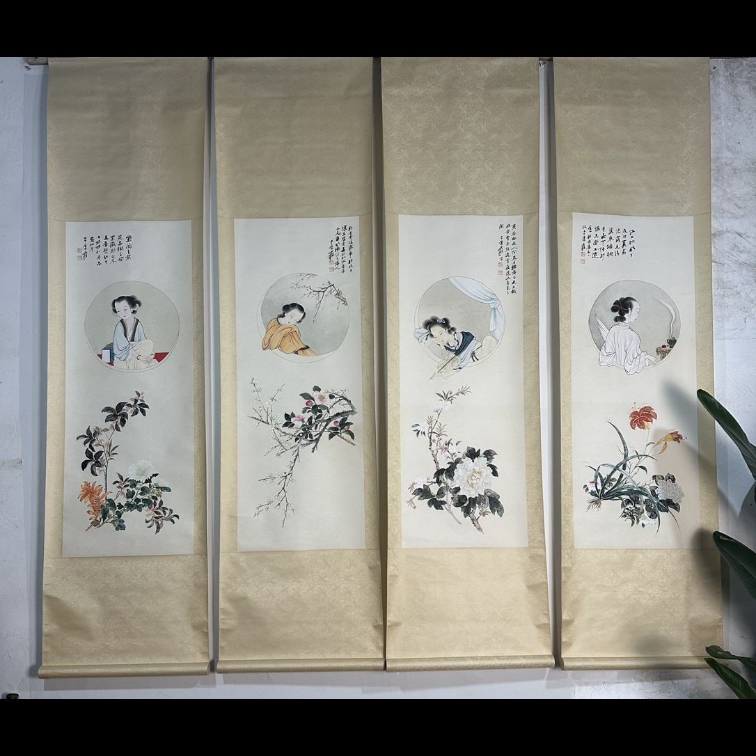 A Set of Chinese Vertical Scroll Ink Figure Paintings on Paper (Four Pieces): A Set of Chinese Vertical Scroll Ink Figure Paintings on Paper (Four Pieces),Modern Time of China,Zhang Daqian,without frame size:81.1inx41.7in