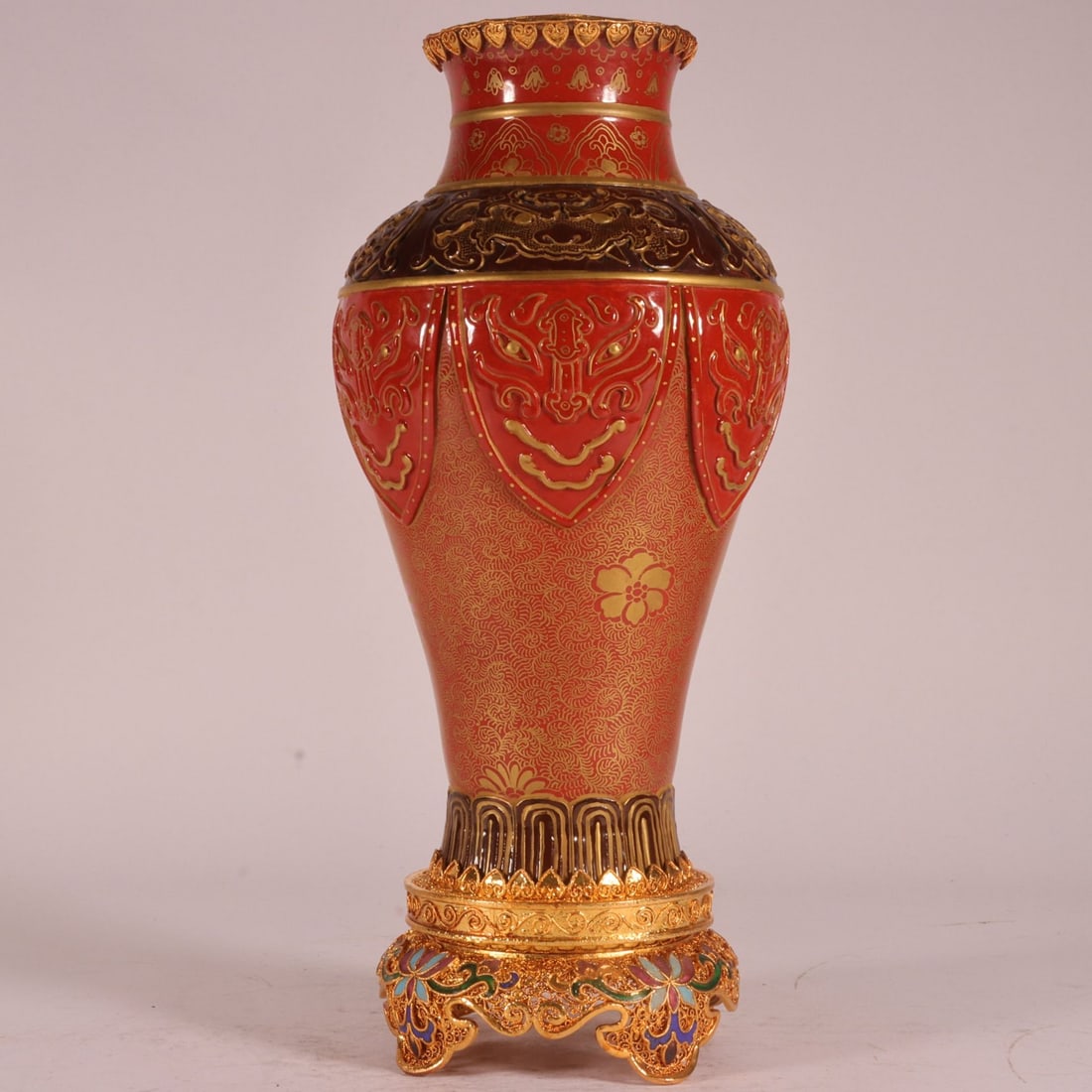 An Exquisite Cloisonne Iron-Red Painted Gold Beast-Face Pattern Vase: An Exquisite Cloisonne Iron-Red Painted Gold Beast-Face Pattern Vase,Qing Dynasty, China,Qianlong Six-character Mark,Size:10.9inx4.7in