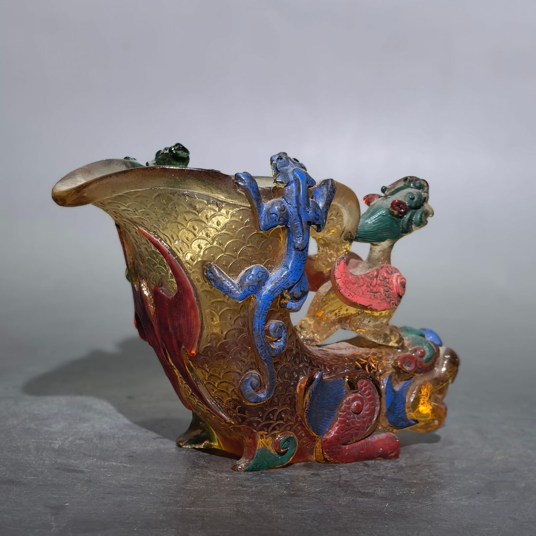 An Exquisite Glass Painted‑enamel Dragon‑Head Cup: An Exquisite Glass Painted‑enamel Dragon‑Head Cup,Qing Dynasty, China,Size:5.1inx2.8inx3.3in,Weight:375g